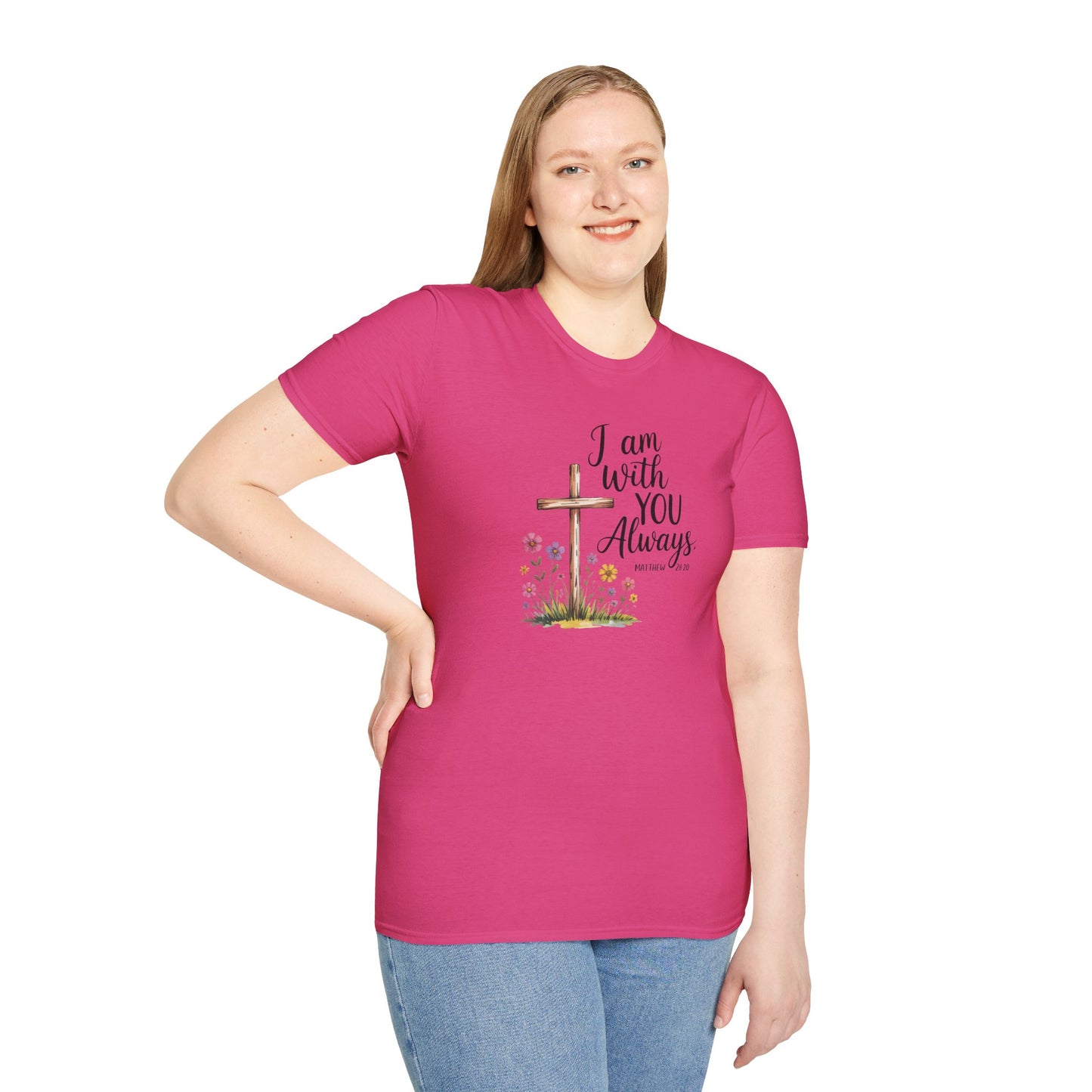 I Am With You Always Christian T-Shirt – Matthew 28:20 Scripture Tee with Cross and Flowers, Faith Inspirational Shirt