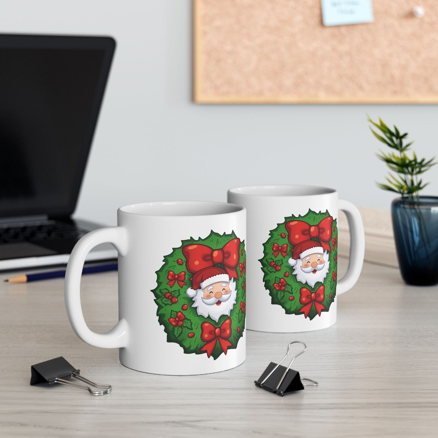 Santa in the Wreath Mug – Cute Holiday Coffee Cup, Festive Santa Ceramic Mug, Christmas Gift Idea (11oz/15oz)