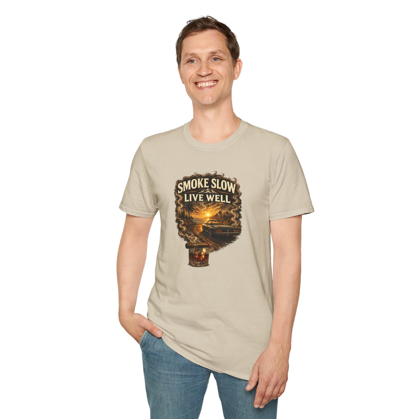 Smoke Slow Live Well Classic Car T-Shirt – Cigar, Whiskey & Sunset Cruise Tee  ⭐ Product Description