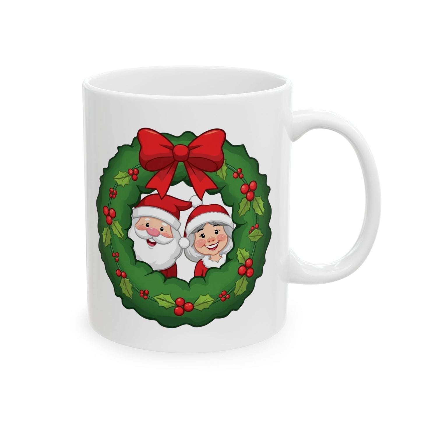 Santa and Mrs. Claus in a Wreath Mug – Cute Holiday Coffee Cup, Festive Santa Ceramic Mug, Christmas Gift Idea (11oz/15oz)
