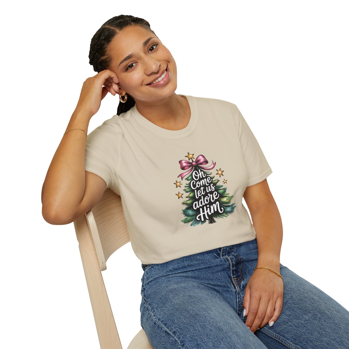 Oh Come Let Us Adore Him Christmas T-Shirt – Christian Holiday Tee with Bow and Christmas Tree Design