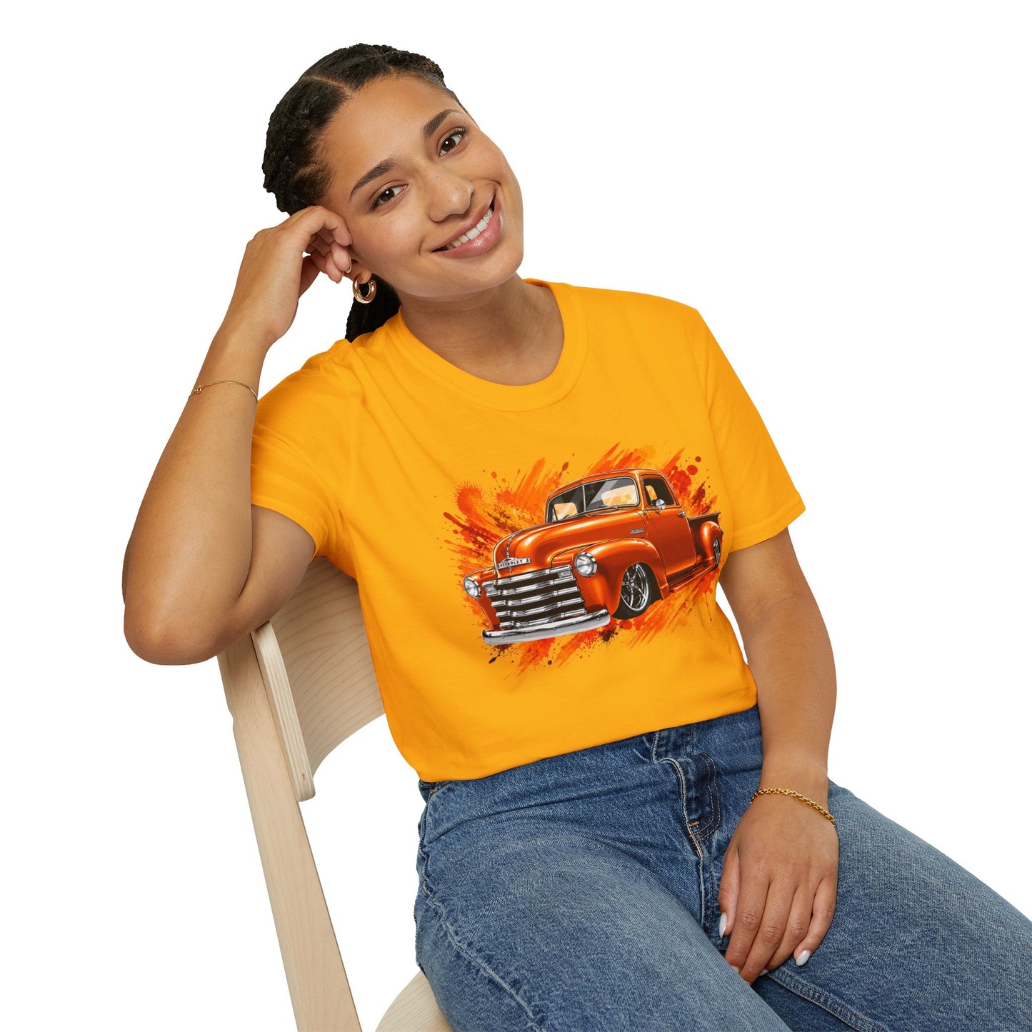 Orange Classic Truck T-Shirt, Vintage Pickup Graphic Tee, Custom Truck Shirt for Car Lovers