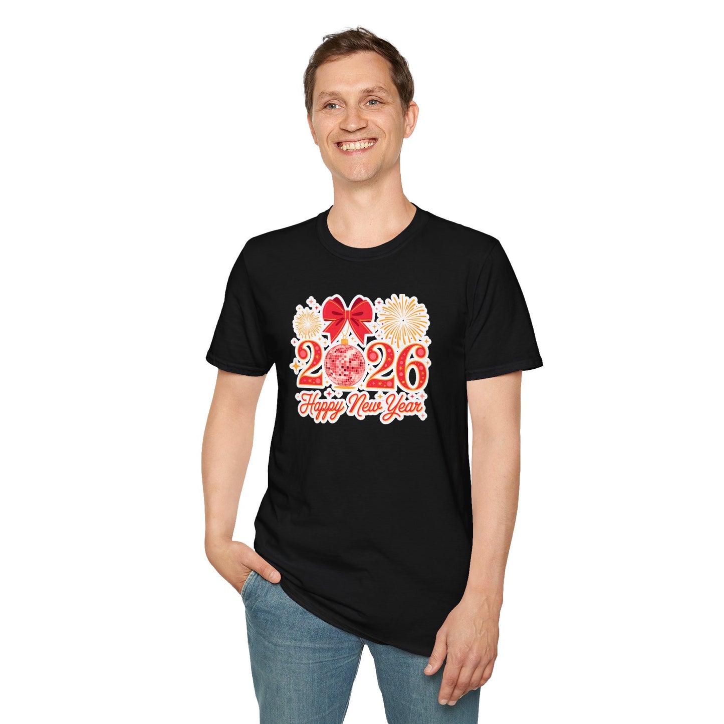 Happy New Year 2026 T-Shirt – Red & Gold Disco Ball New Year Shirt, Festive Bow and Fireworks 2026 NYE Tee, Holiday Celebration Party Top