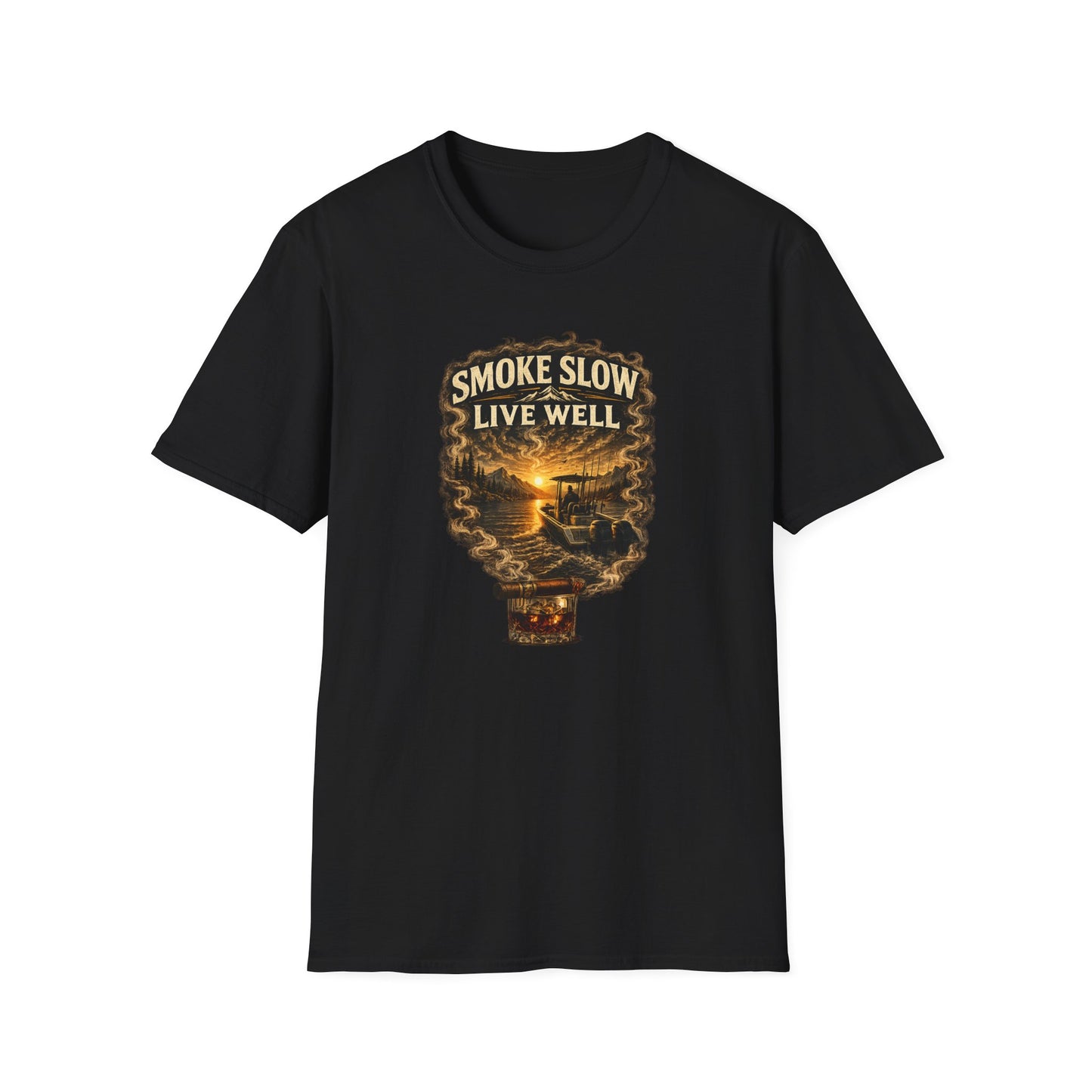 Smoke Slow Live Well Fishing T-Shirt – Cigar, Whiskey & Angler Lifestyle Tee