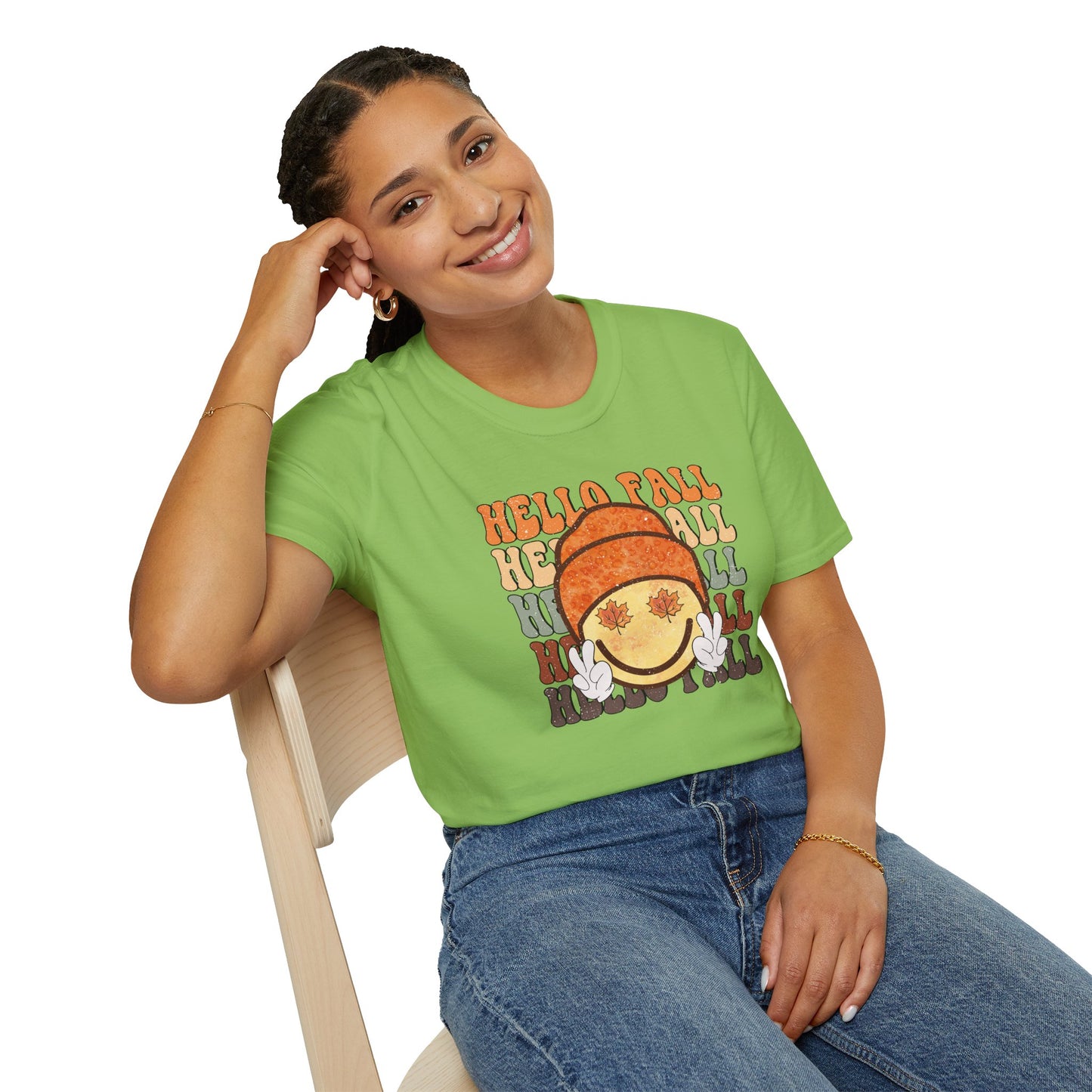 Hello Fall Happy Face Peace T-Shirt, Autumn Graphic Tee, Relaxing Casual Top, Seasonal Clothing, Thanksgiving Tee, Friendsgiving gift