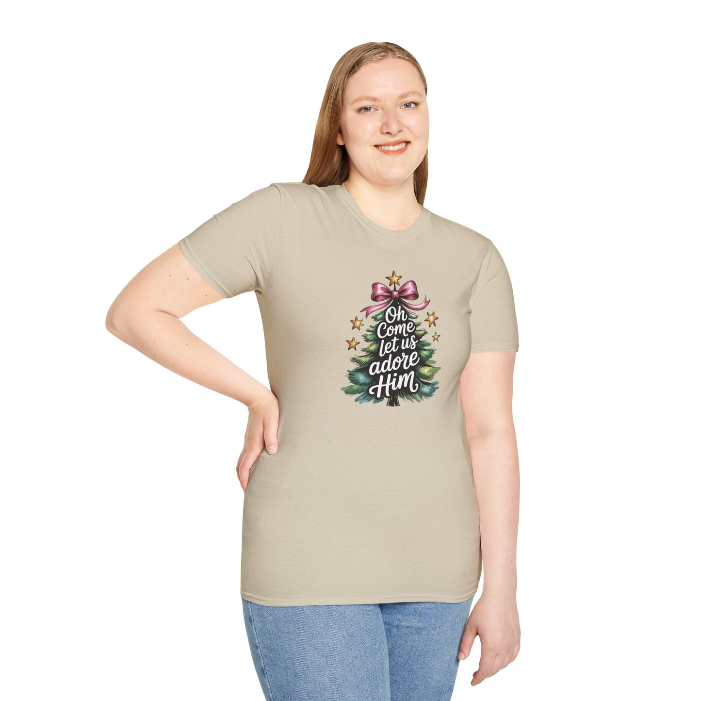 Oh Come Let Us Adore Him Christmas T-Shirt – Christian Holiday Tee with Bow and Christmas Tree Design
