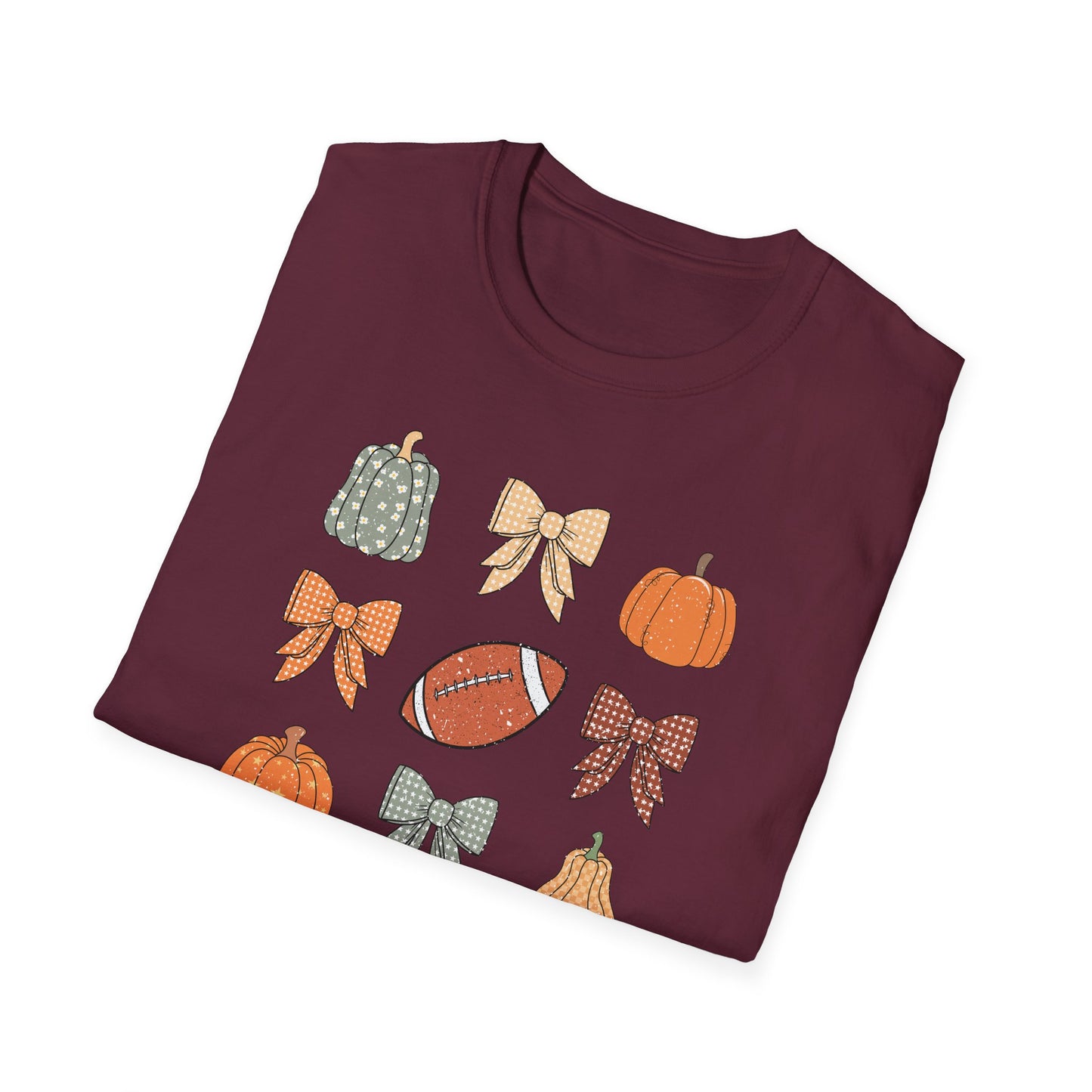 Fall Pumpkins Bow Football Unisex T-Shirt, Autumn Tee, Pumpkin Patch Shirt, Thanksgiving Top, Harvest Festival Apparel, Gif for her