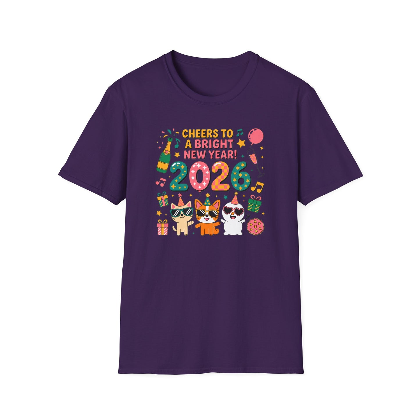 Happy New Year 2026 T-Shirt – Cute Cartoon Cats New Year Shirt, Bright Colorful NYE Party Tee, Fun 2026 Celebration Top for Cat Lovers