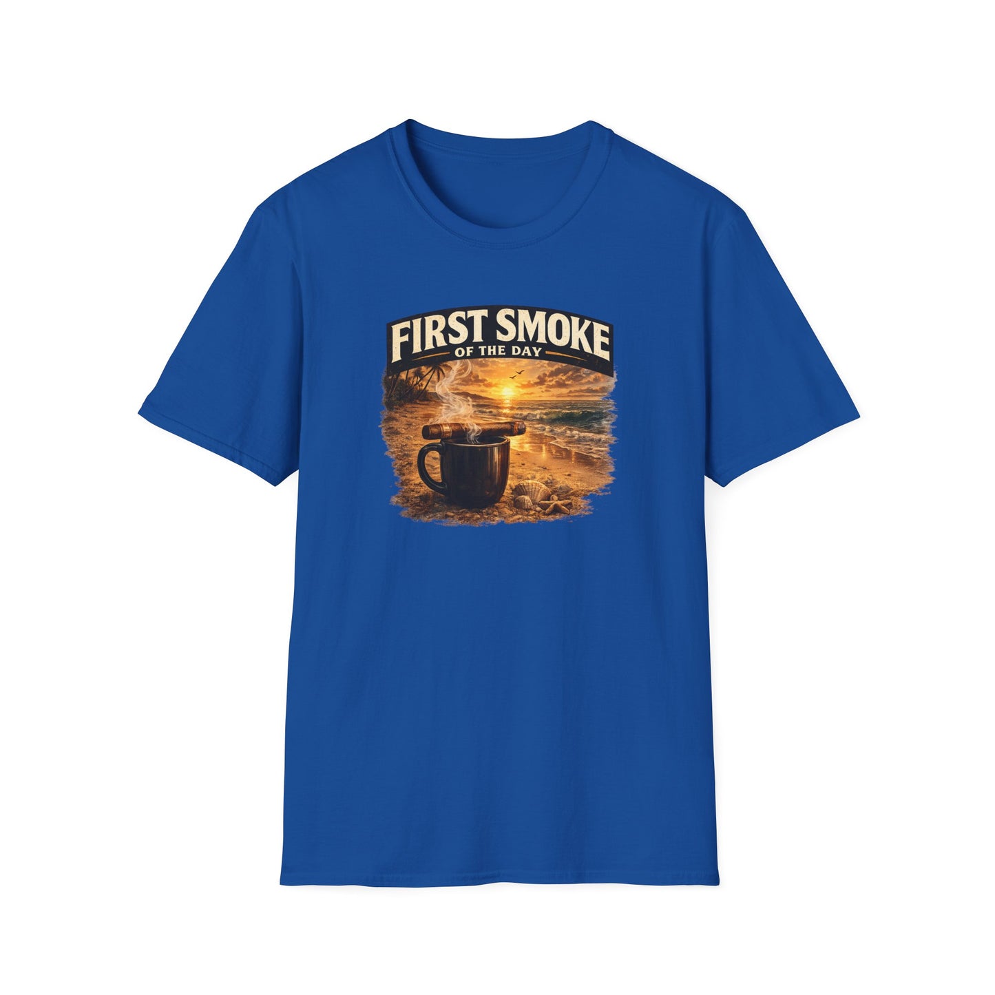 First Smoke of the Day T-Shirt – Cigar & Coffee Beach Sunrise Tee