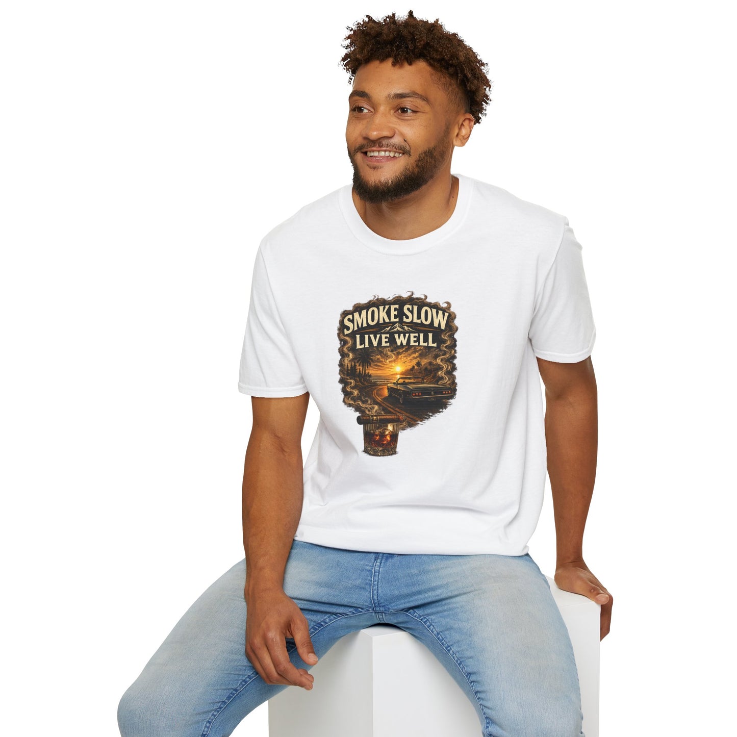Smoke Slow Live Well Classic Car T-Shirt – Cigar, Whiskey & Sunset Cruise Tee  ⭐ Product Description