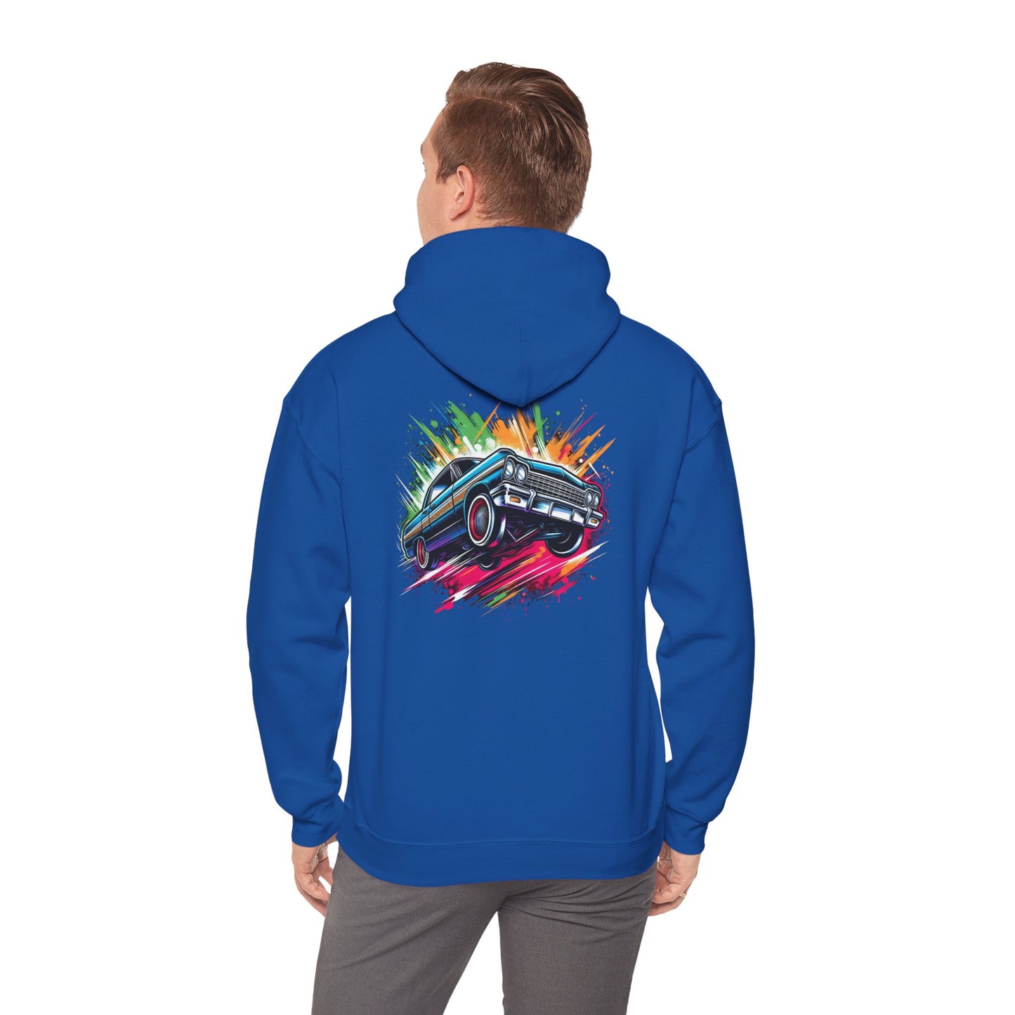 Chevy Impala Hydraulics Lowrider Colorful Drawing Graphic Hoodie - Old School Hip Hop Cholo Art Design - Chicano Car Club Graphic Hoodie