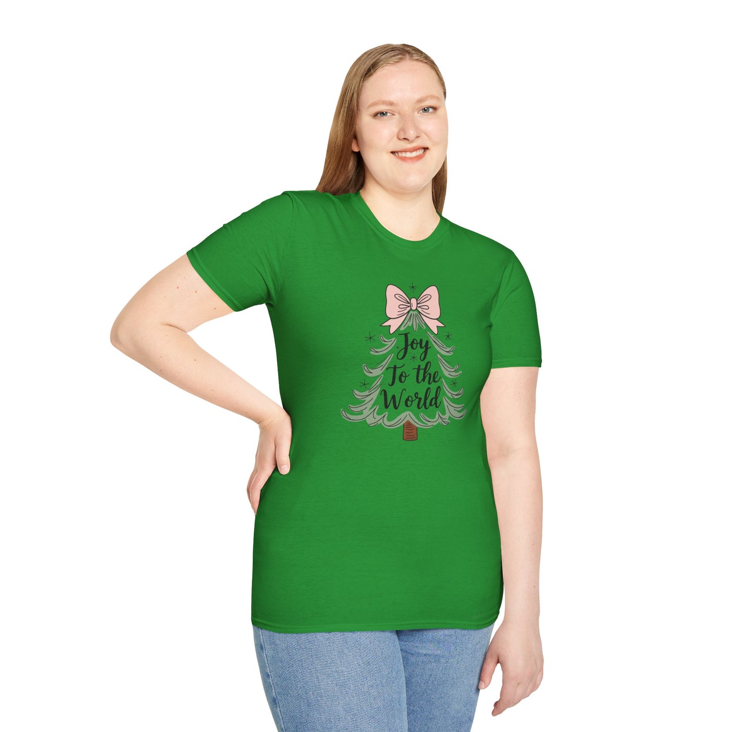 Joy to the World Christmas T-Shirt – Cute Pastel Bow Christmas Tree Tee, Festive Holiday Graphic Shirt for Women