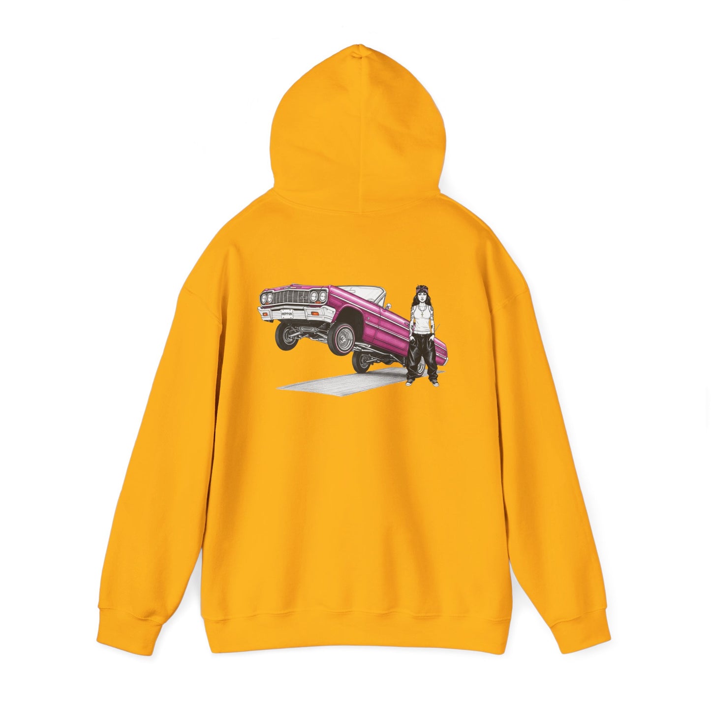 1964 Chevy Impala Hydraulics Lowrider Ink Drawing Hoodie - Old School Hip Hop Cholo Art Design - Chicano Car Club Graphic Hoodie