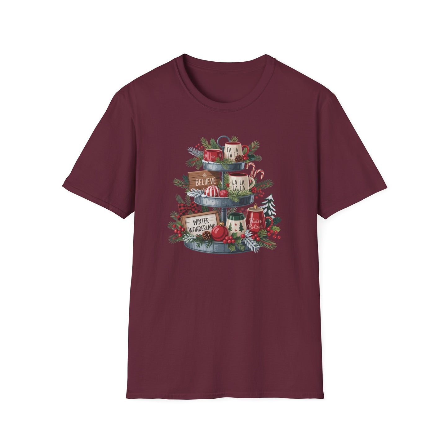 Christmas Mug Stack T-Shirt – Festive Holiday Tiered Tray Shirt with Fa La La Winter Wonderland Graphic Tee