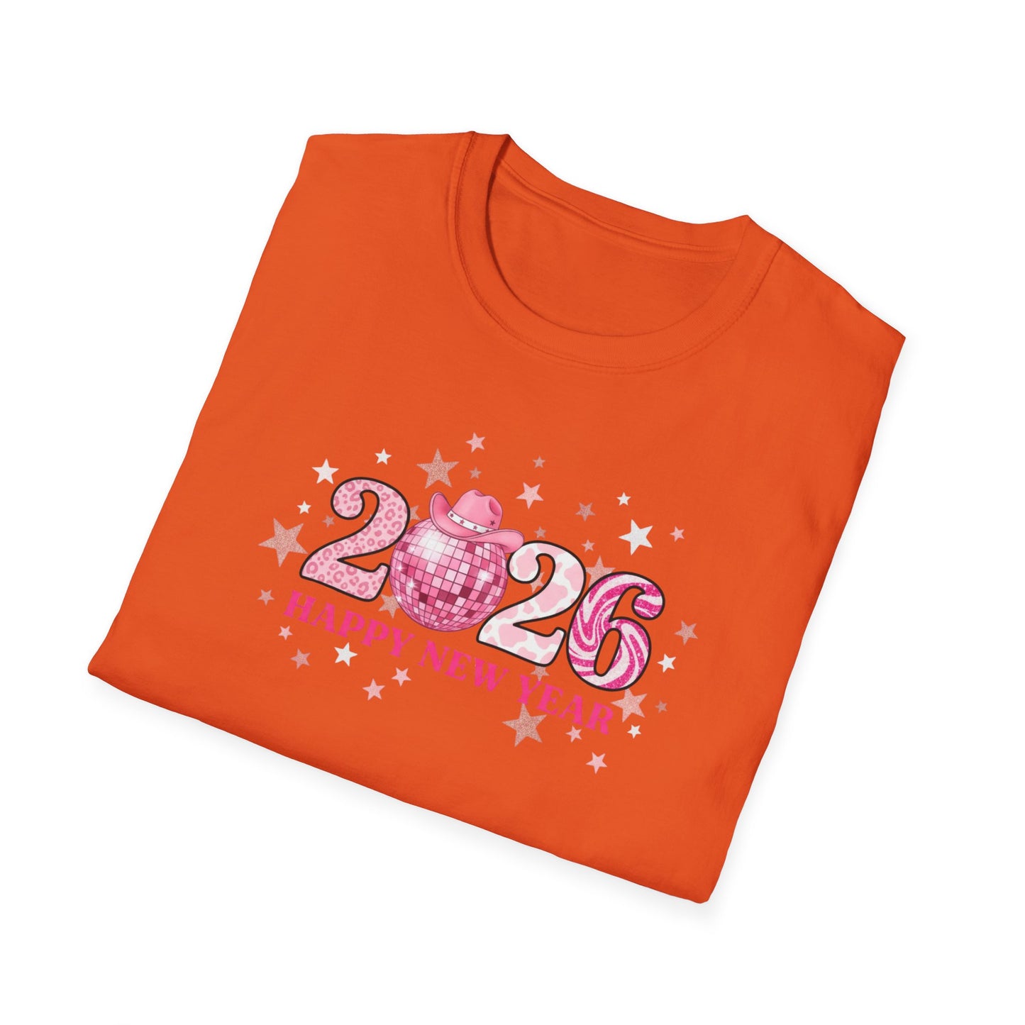 Happy New Year 2026 Pink Disco Cowgirl T-Shirt – Western New Year Shirt, Cute Pink 2026 Tee with Cowboy Hat & Stars, NYE Party Graphic Top