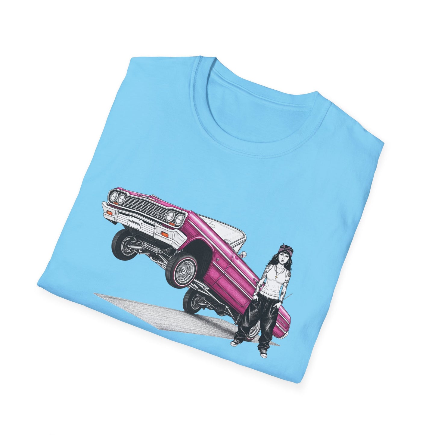 1964 Chevy Impala Hydraulics Lowrider Ink Drawing T-Shirt - Old School Hip Hop Cholo Art Tee Design - Chicano Car Club Graphic Tee