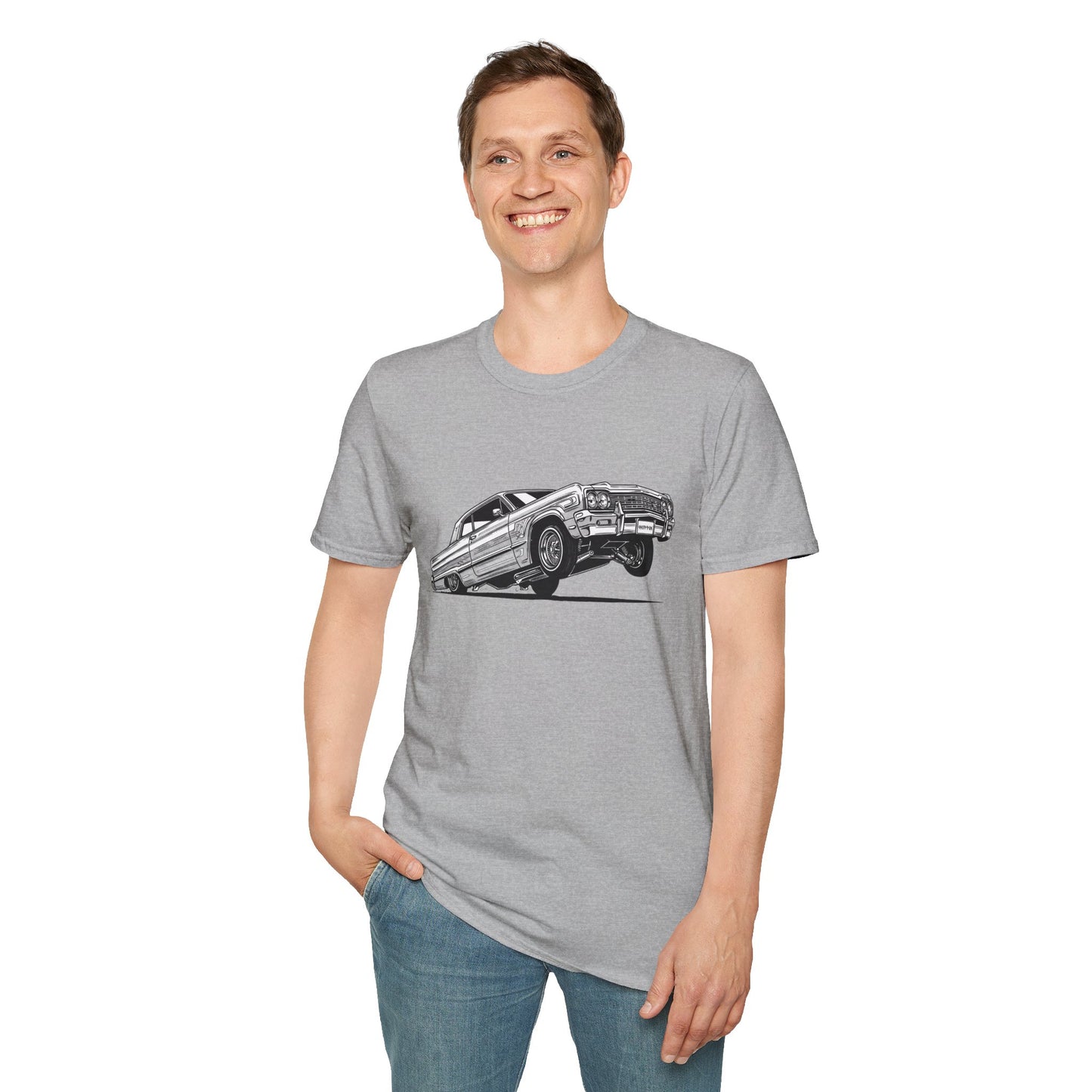 1964 Chevy Impala Hydraulics Lowrider Ink Drawing T-Shirt - Old School Hip Hop Cholo Art Tee Design - Chicano Car Club Graphic Tee