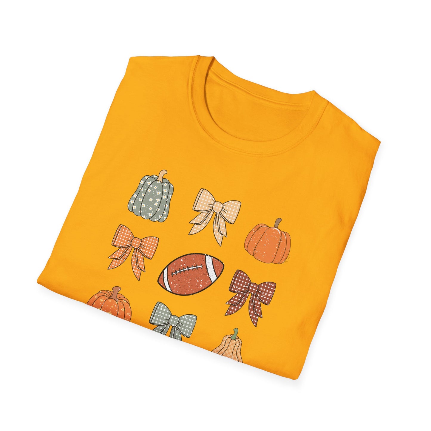 Fall Pumpkins Bow Football Unisex T-Shirt, Autumn Tee, Pumpkin Patch Shirt, Thanksgiving Top, Harvest Festival Apparel, Gif for her