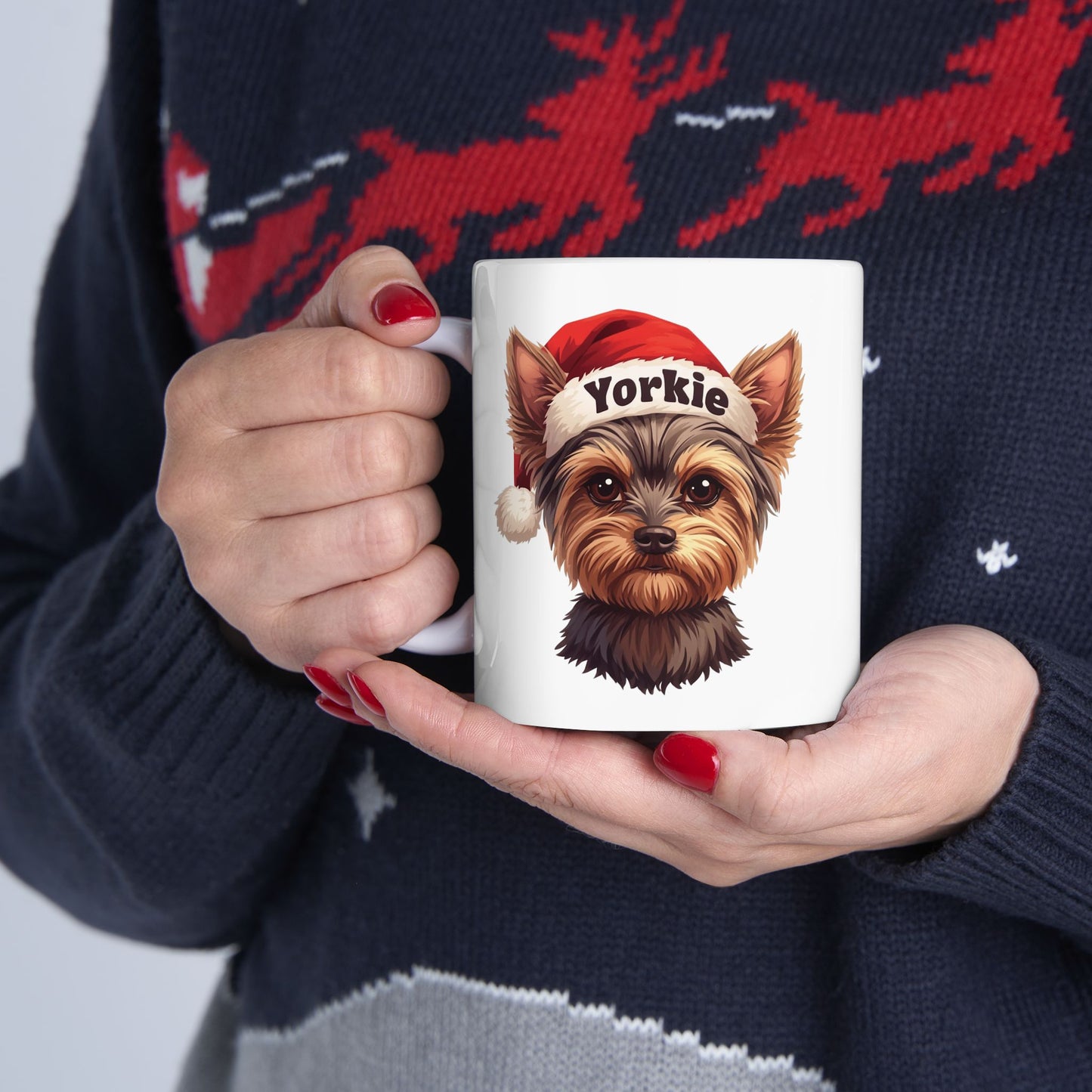 Yorkie Holiday Portrait Mug – Cute Holiday Coffee Cup, Festive Yorkie Ceramic Mug, Christmas Gift Idea (11oz/15oz)