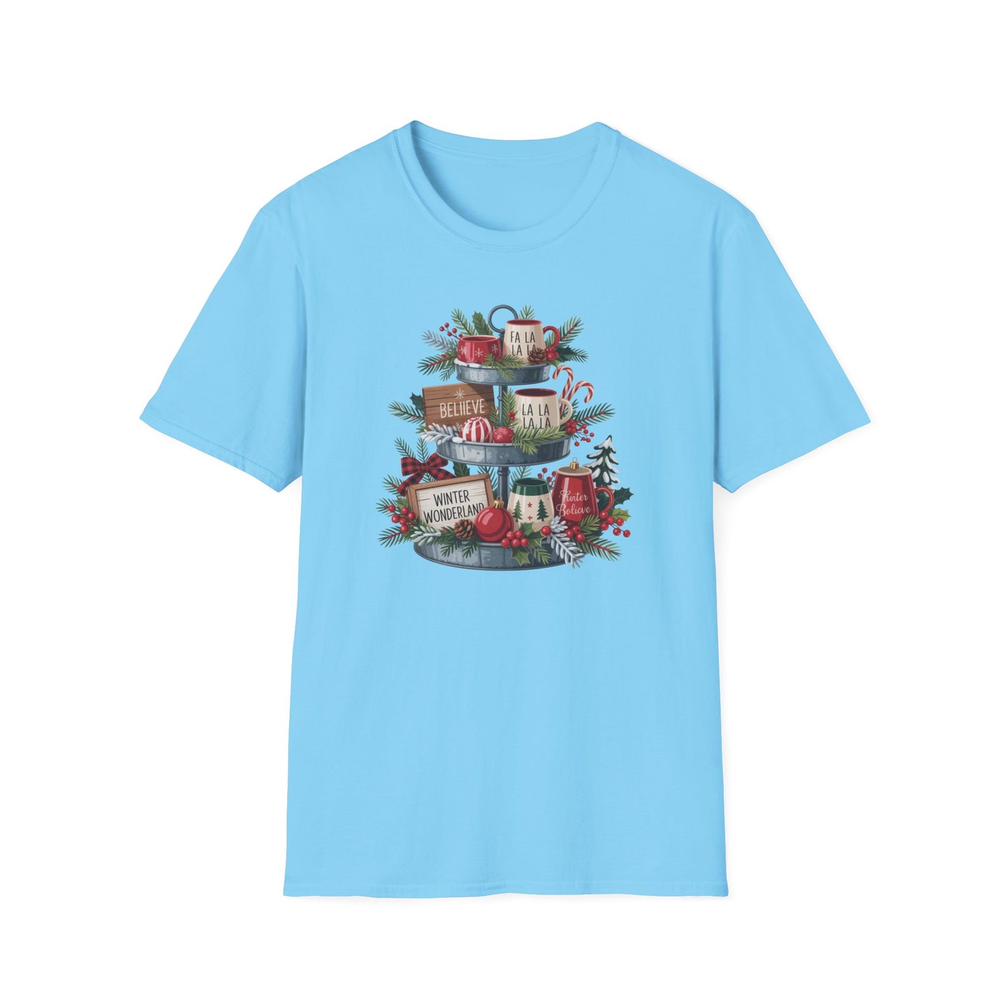 Christmas Mug Stack T-Shirt – Festive Holiday Tiered Tray Shirt with Fa La La Winter Wonderland Graphic Tee