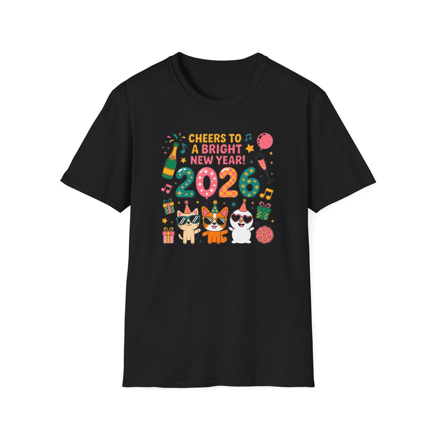 Happy New Year 2026 T-Shirt – Cute Cartoon Cats New Year Shirt, Bright Colorful NYE Party Tee, Fun 2026 Celebration Top for Cat Lovers