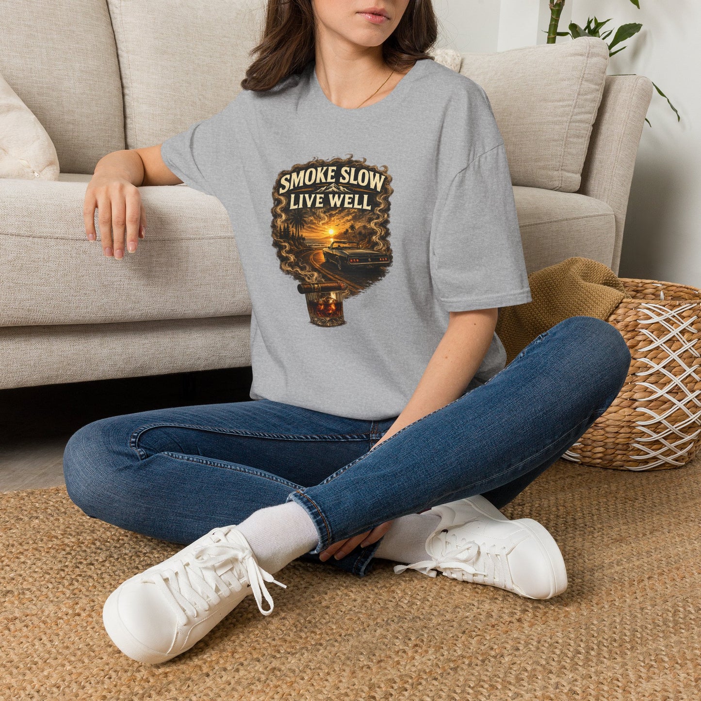 Smoke Slow Live Well Classic Car T-Shirt – Cigar, Whiskey & Sunset Cruise Tee  ⭐ Product Description