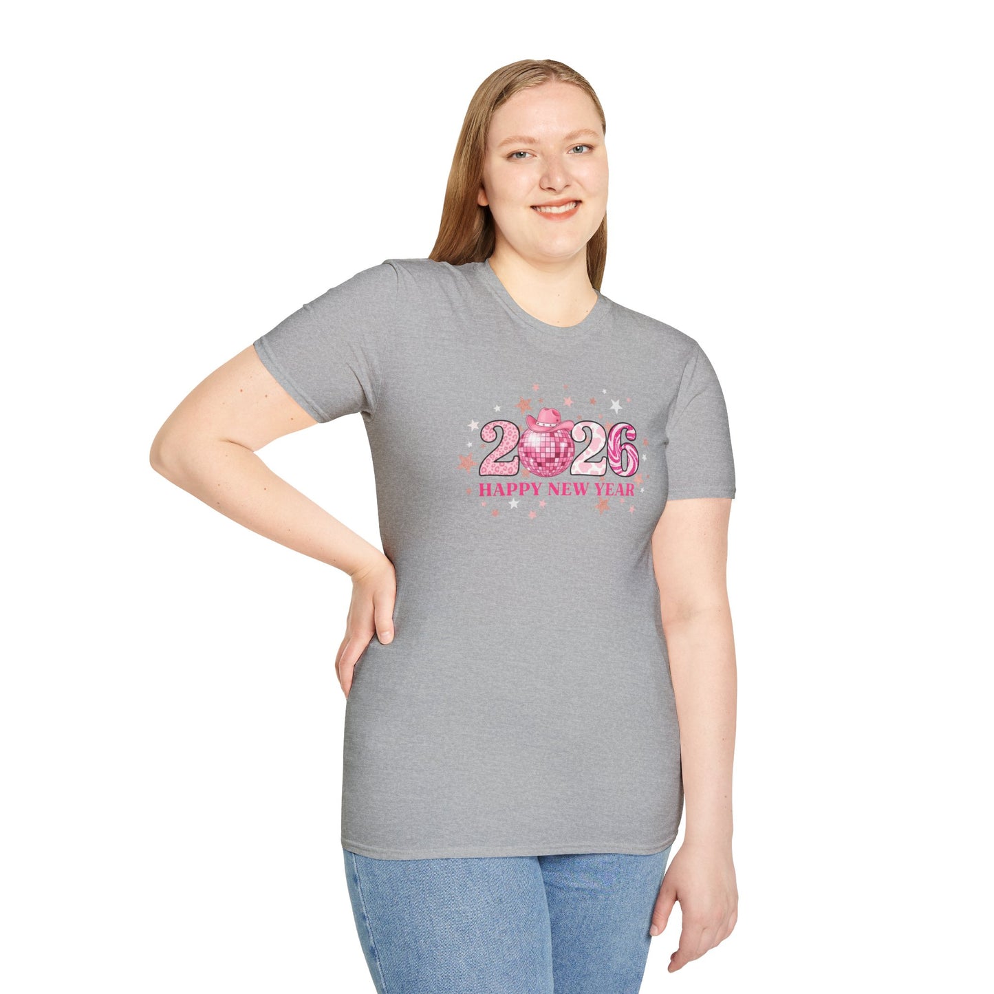 Happy New Year 2026 Pink Disco Cowgirl T-Shirt – Western New Year Shirt, Cute Pink 2026 Tee with Cowboy Hat & Stars, NYE Party Graphic Top