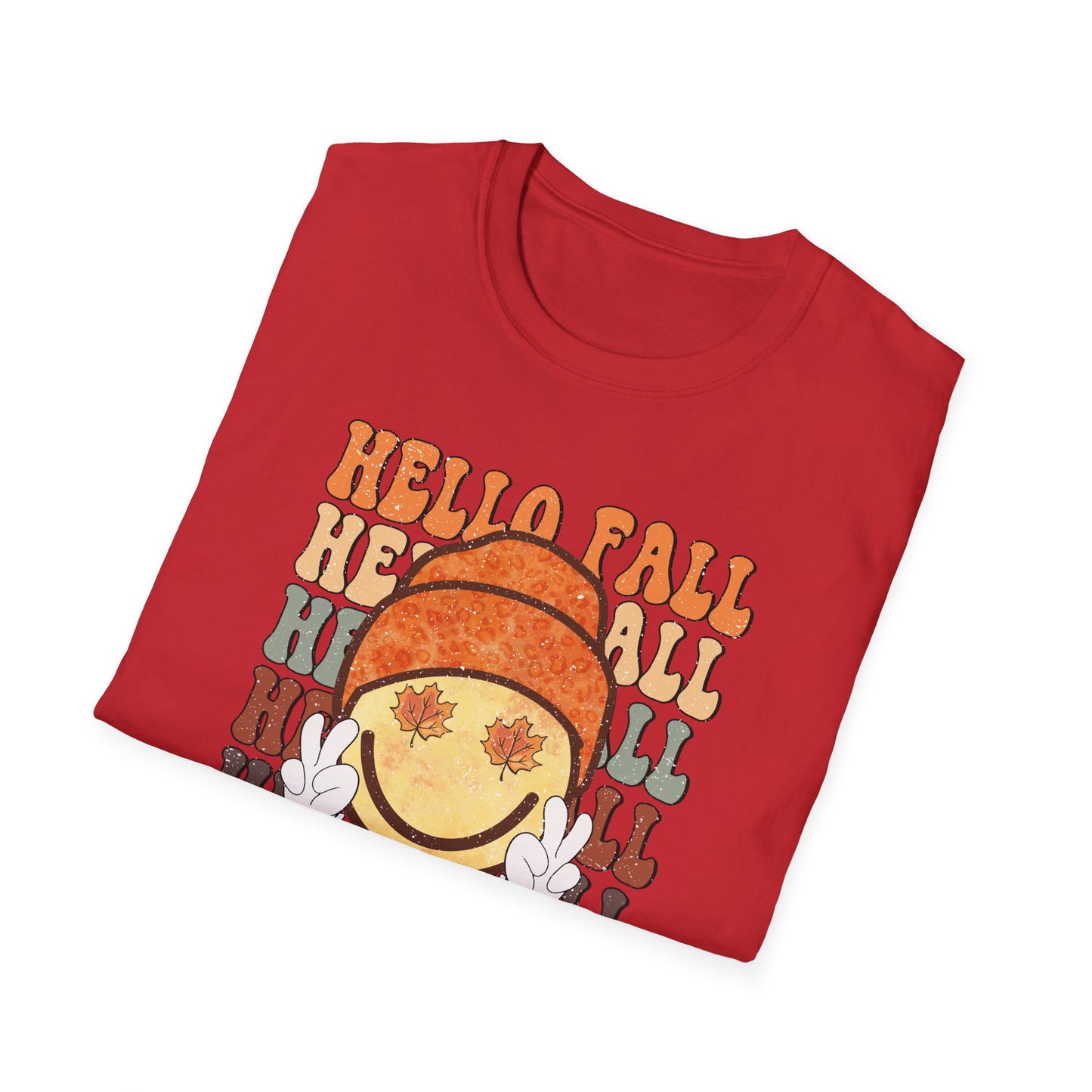 Hello Fall Happy Face Peace T-Shirt, Autumn Graphic Tee, Relaxing Casual Top, Seasonal Clothing, Thanksgiving Tee, Friendsgiving gift