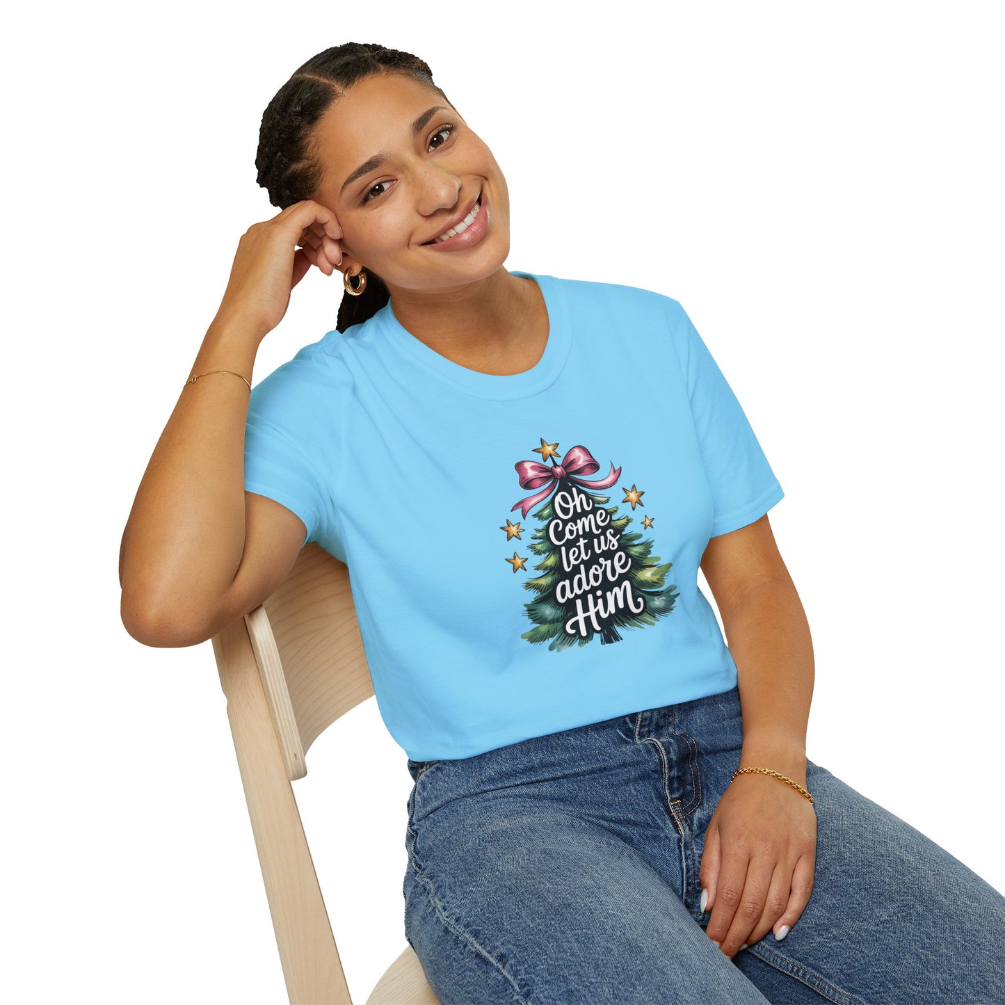 Oh Come Let Us Adore Him Christmas T-Shirt – Christian Holiday Tee with Bow and Christmas Tree Design