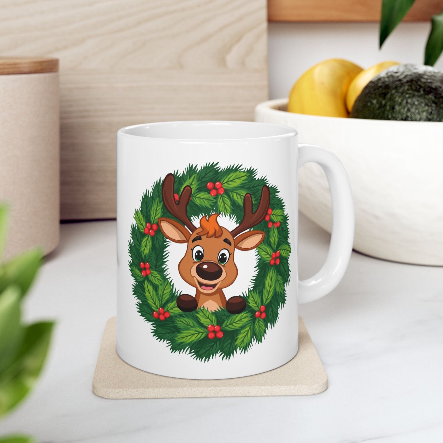 Reindeer in the Wreath Mug – Cute Holiday Coffee Cup, Festive Reindeer Ceramic Mug, Christmas Gift Idea (11oz/15oz)