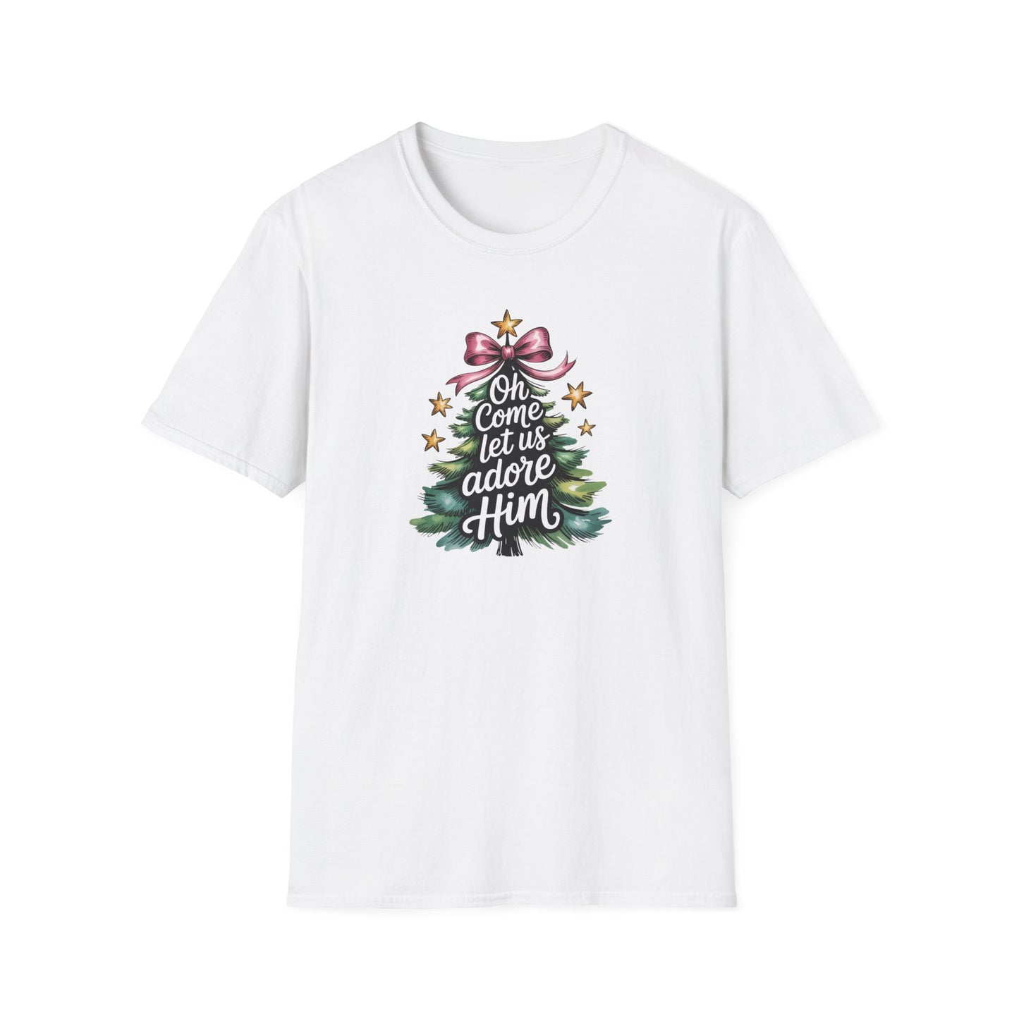 Oh Come Let Us Adore Him Christmas T-Shirt – Christian Holiday Tee with Bow and Christmas Tree Design