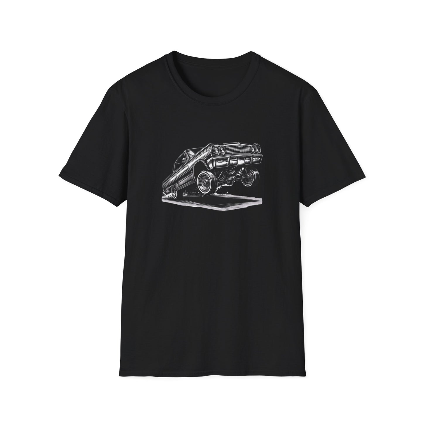 1964 Chevy Impala Hydraulics Lowrider Ink Drawing Graphic T-Shirt - Old School Hip Hop Cholo Art Design - Chicano Car Club Graphic Tee