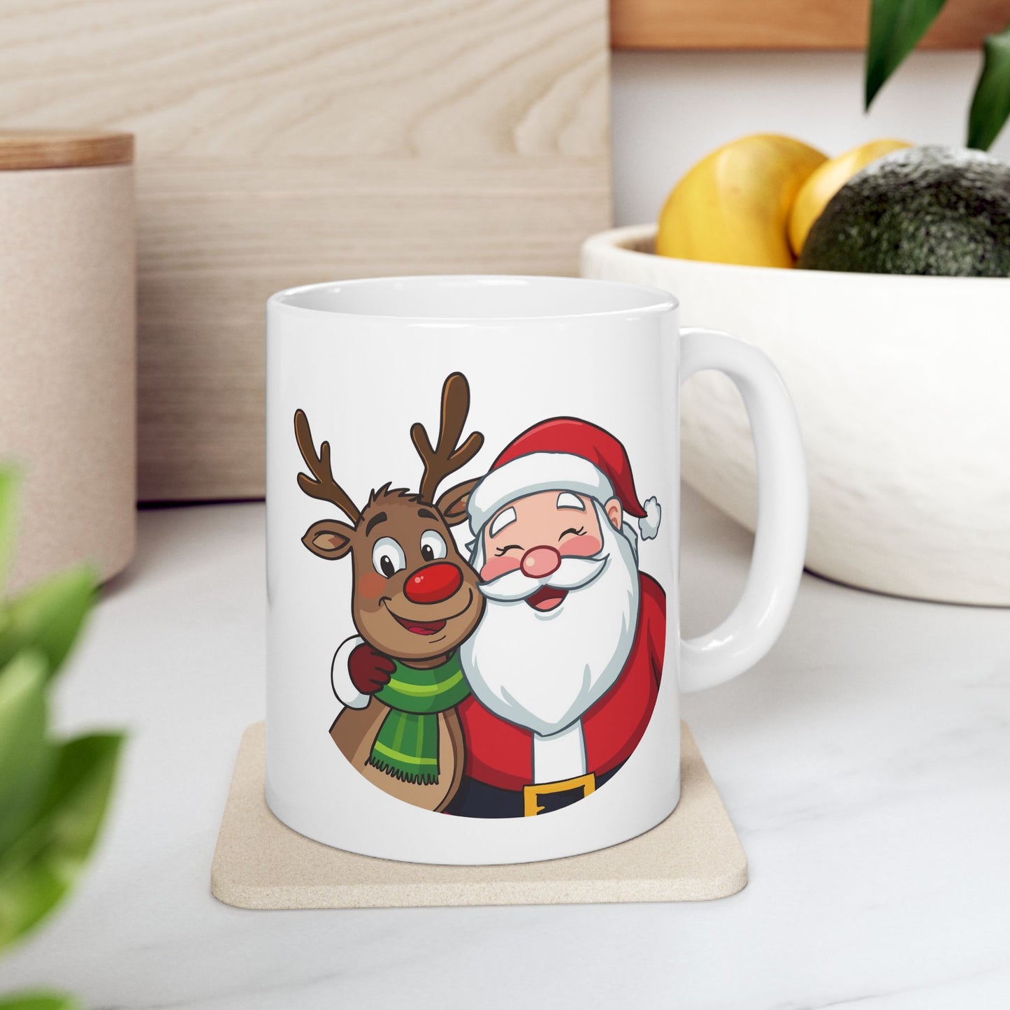 Santa and Rudolph Mug – Cute Holiday Coffee Cup, Festive Santa Ceramic Mug, Christmas Gift Idea (11oz/15oz)