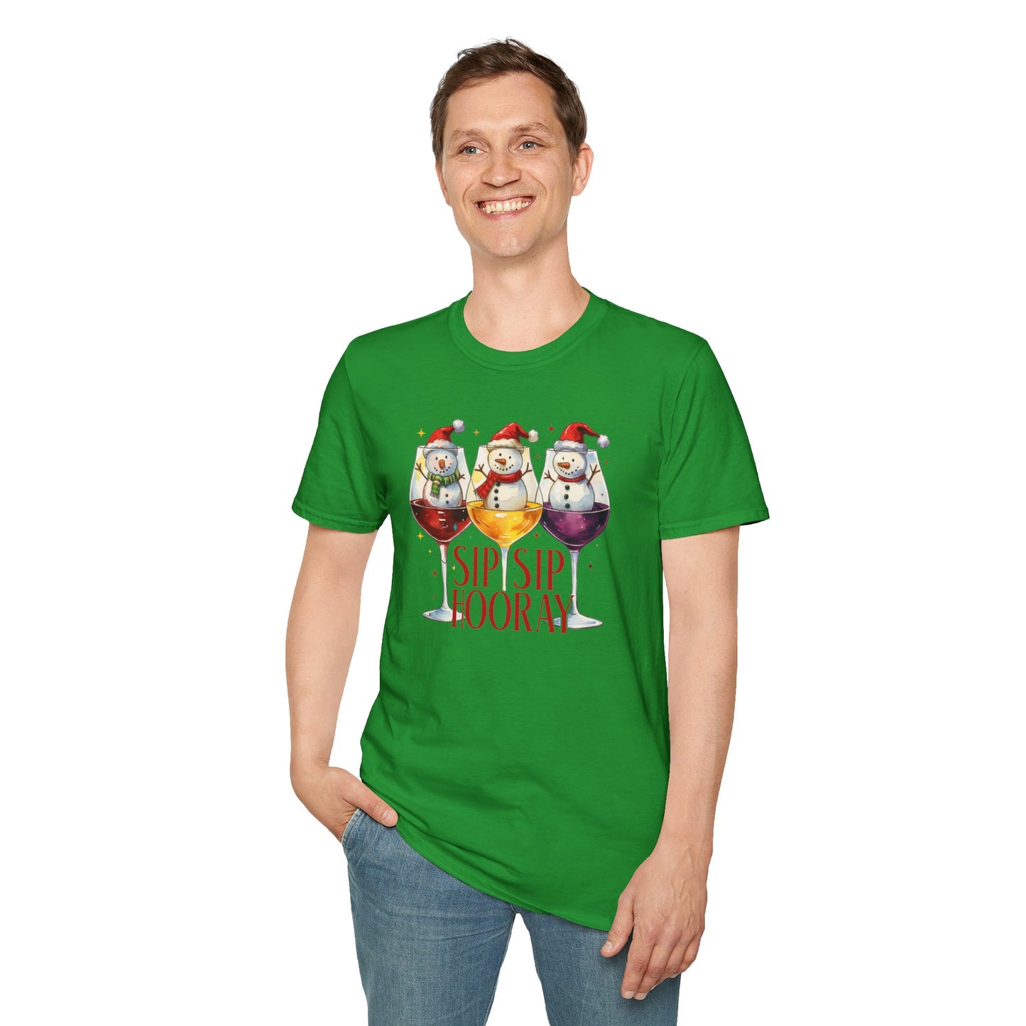 Sip Sip Hooray Christmas T-Shirt – Cute Snowman Wine Glass Holiday Tee, Funny Festive Drinking Shirt
