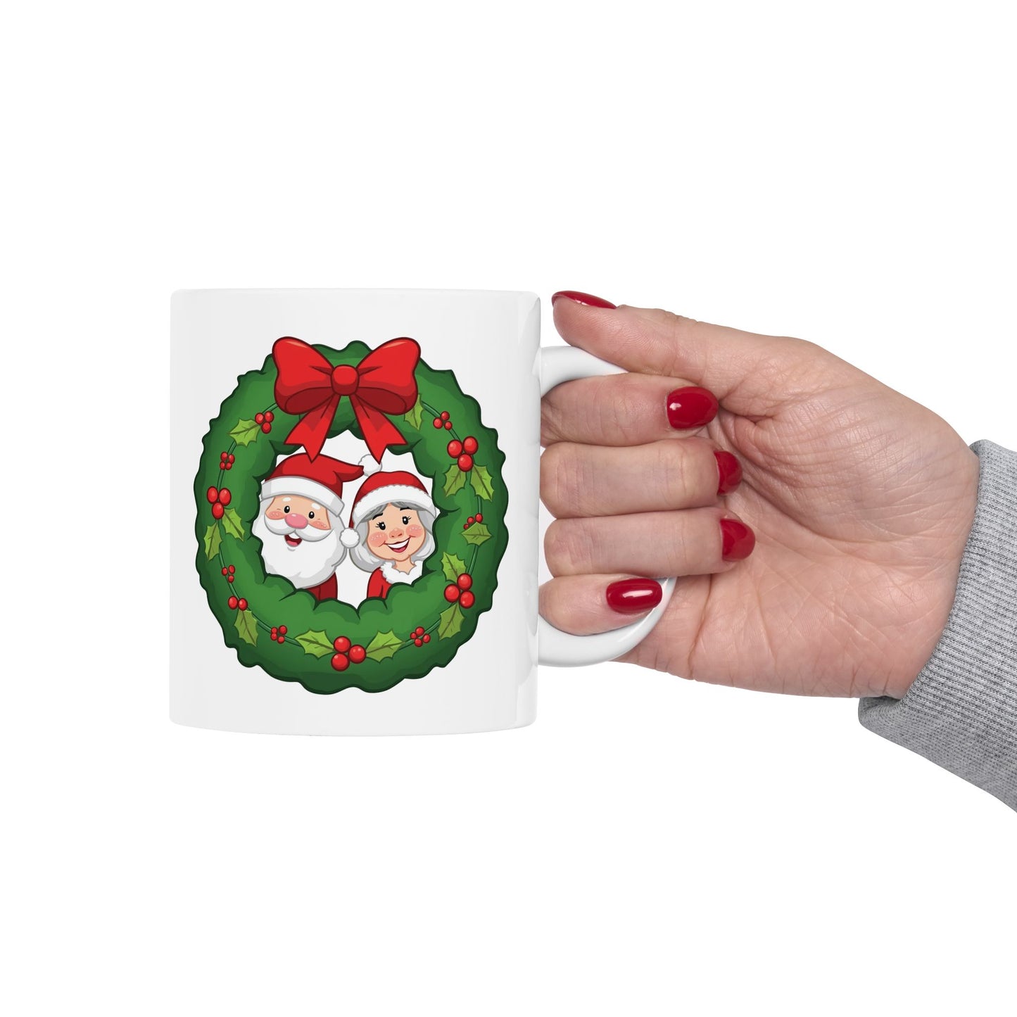 Santa and Mrs. Claus in a Wreath Mug – Cute Holiday Coffee Cup, Festive Santa Ceramic Mug, Christmas Gift Idea (11oz/15oz)