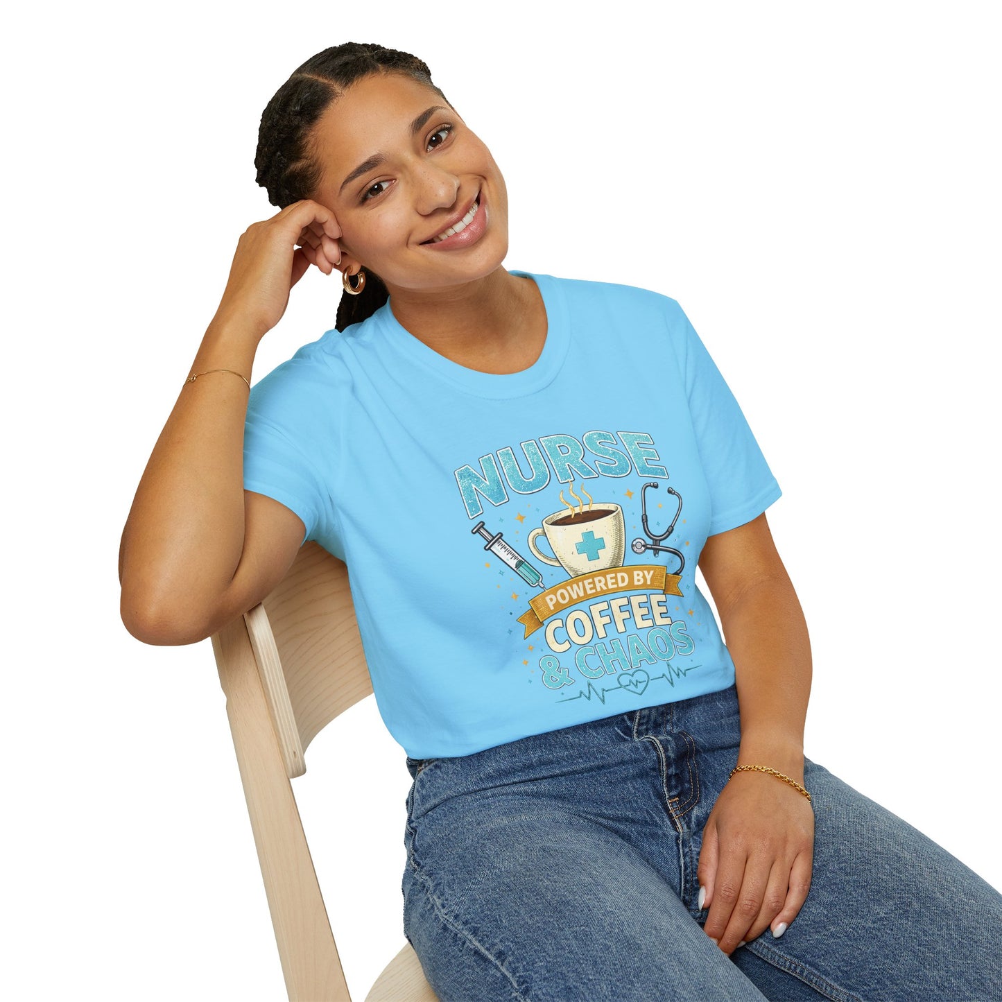 Nurse Powered by Coffee & Chaos Shirt, Funny Nurse Tee, RN CNA Gift, Nurse Life Graphic T-Shirt, Medical Worker Gift, Cute Nursing Shirt for Women Men