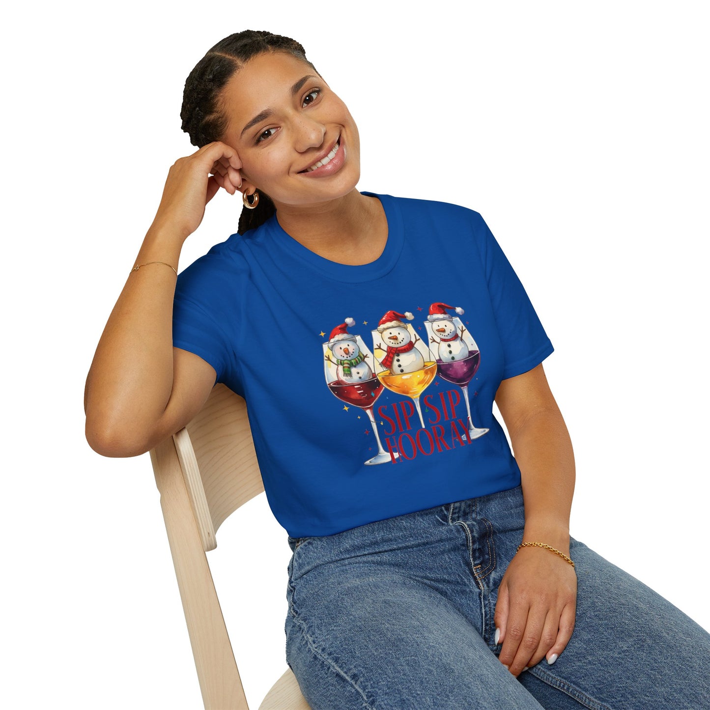 Sip Sip Hooray Christmas T-Shirt – Cute Snowman Wine Glass Holiday Tee, Funny Festive Drinking Shirt