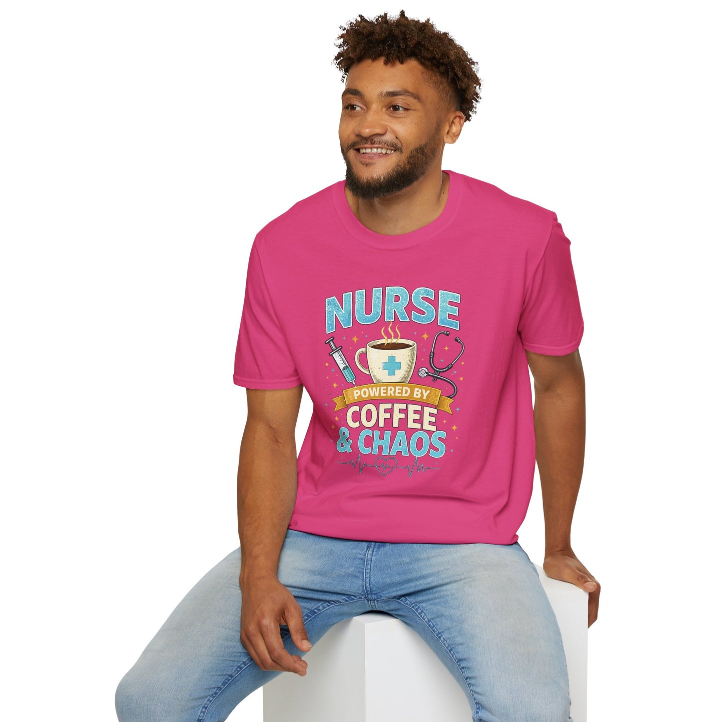 Nurse Powered by Coffee & Chaos Shirt, Funny Nurse Tee, RN CNA Gift, Nurse Life Graphic T-Shirt, Medical Worker Gift, Cute Nursing Shirt for Women Men