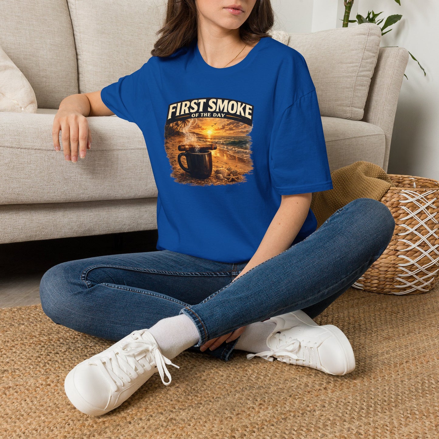 First Smoke of the Day T-Shirt – Cigar & Coffee Beach Sunrise Tee
