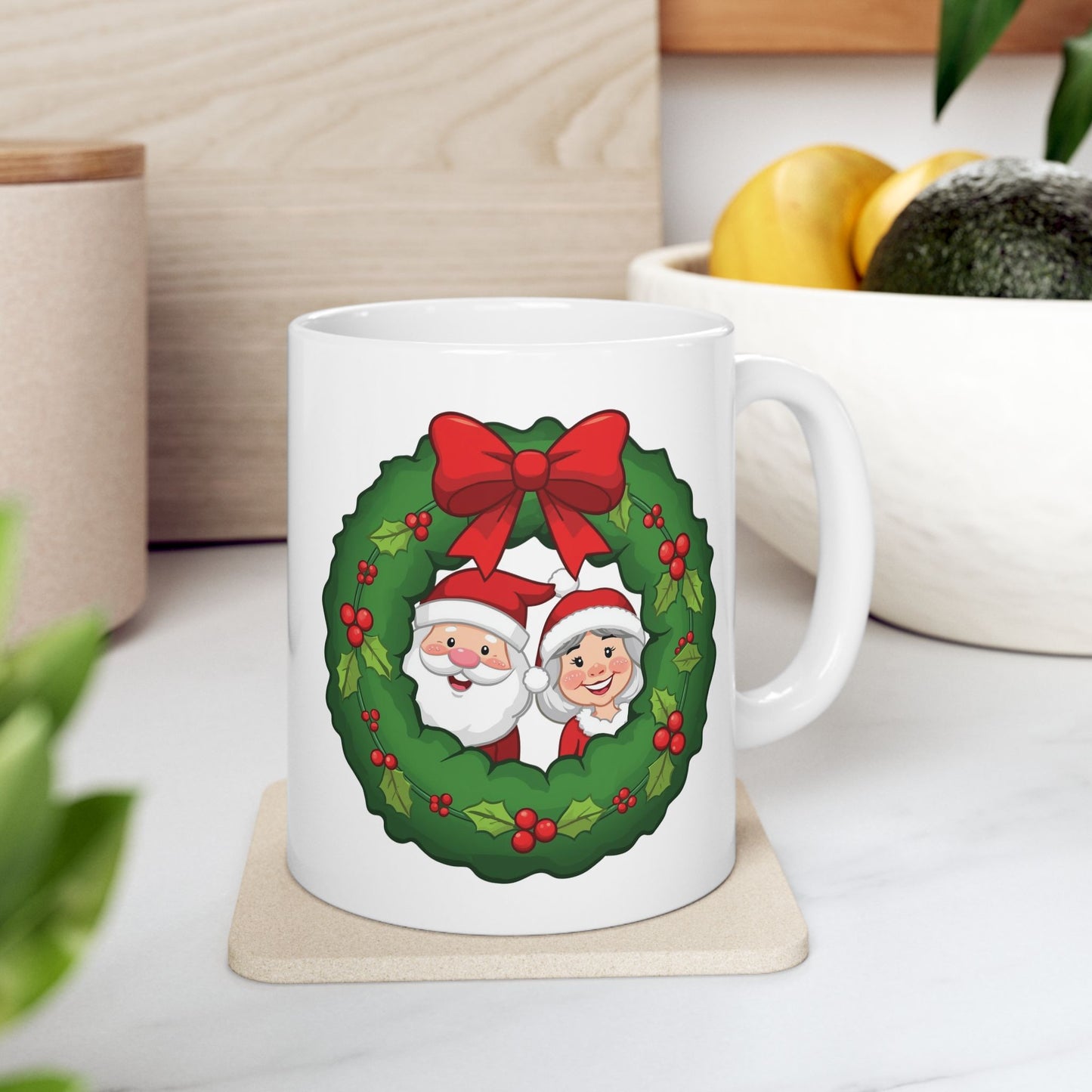 Santa and Mrs. Claus in a Wreath Mug – Cute Holiday Coffee Cup, Festive Santa Ceramic Mug, Christmas Gift Idea (11oz/15oz)