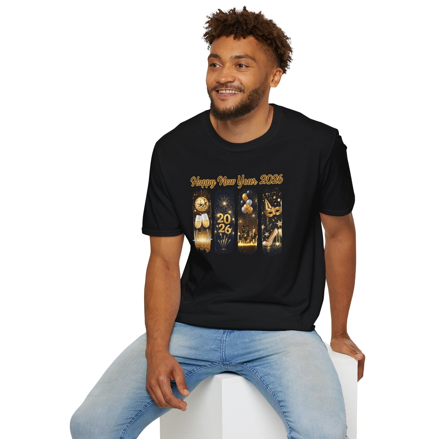 Happy New Year 2026 T-Shirt – Gold Glitter New Year’s Eve Shirt, NYE Party Tee, Celebration Fireworks Graphic Top, Champagne & City Skyline New Year Shirt