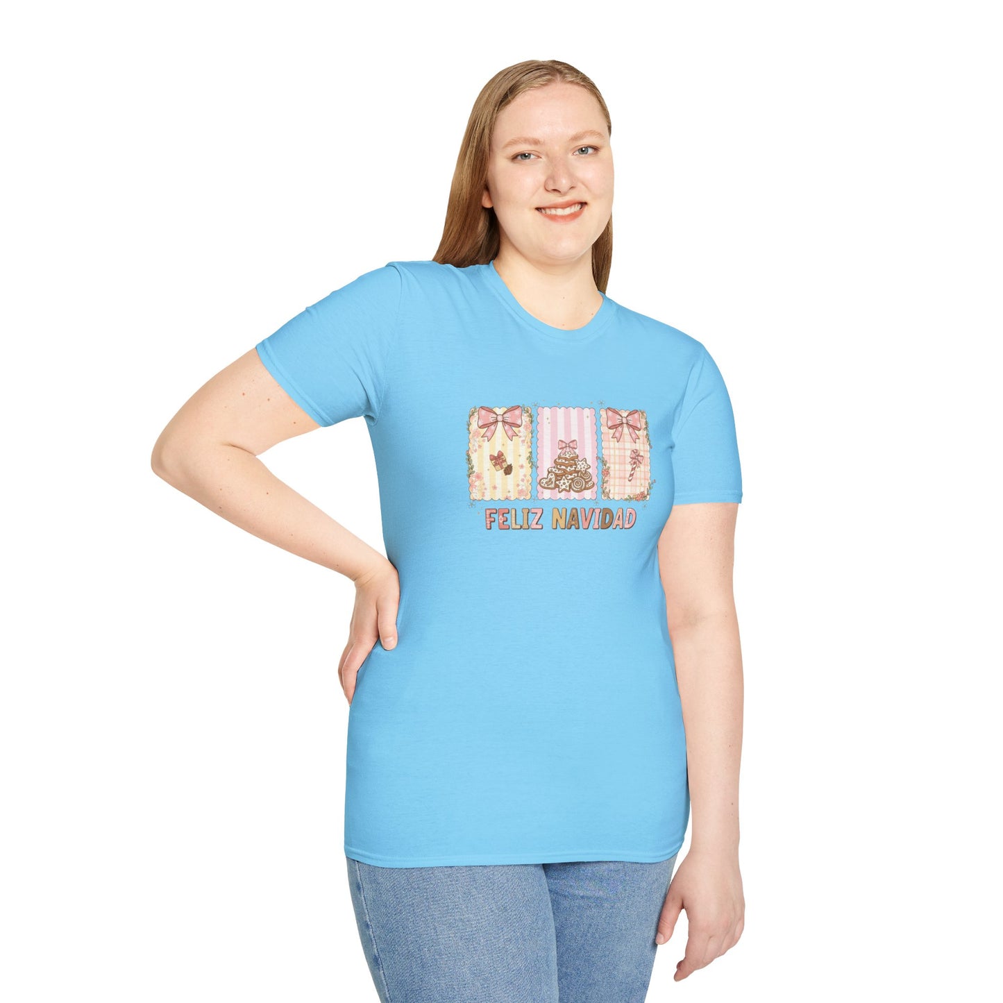 Feliz Navidad Christmas T-Shirt – Cute Pastel Holiday Tee with Bows & Gingerbread Design, Festive Spanish Christmas Shirt