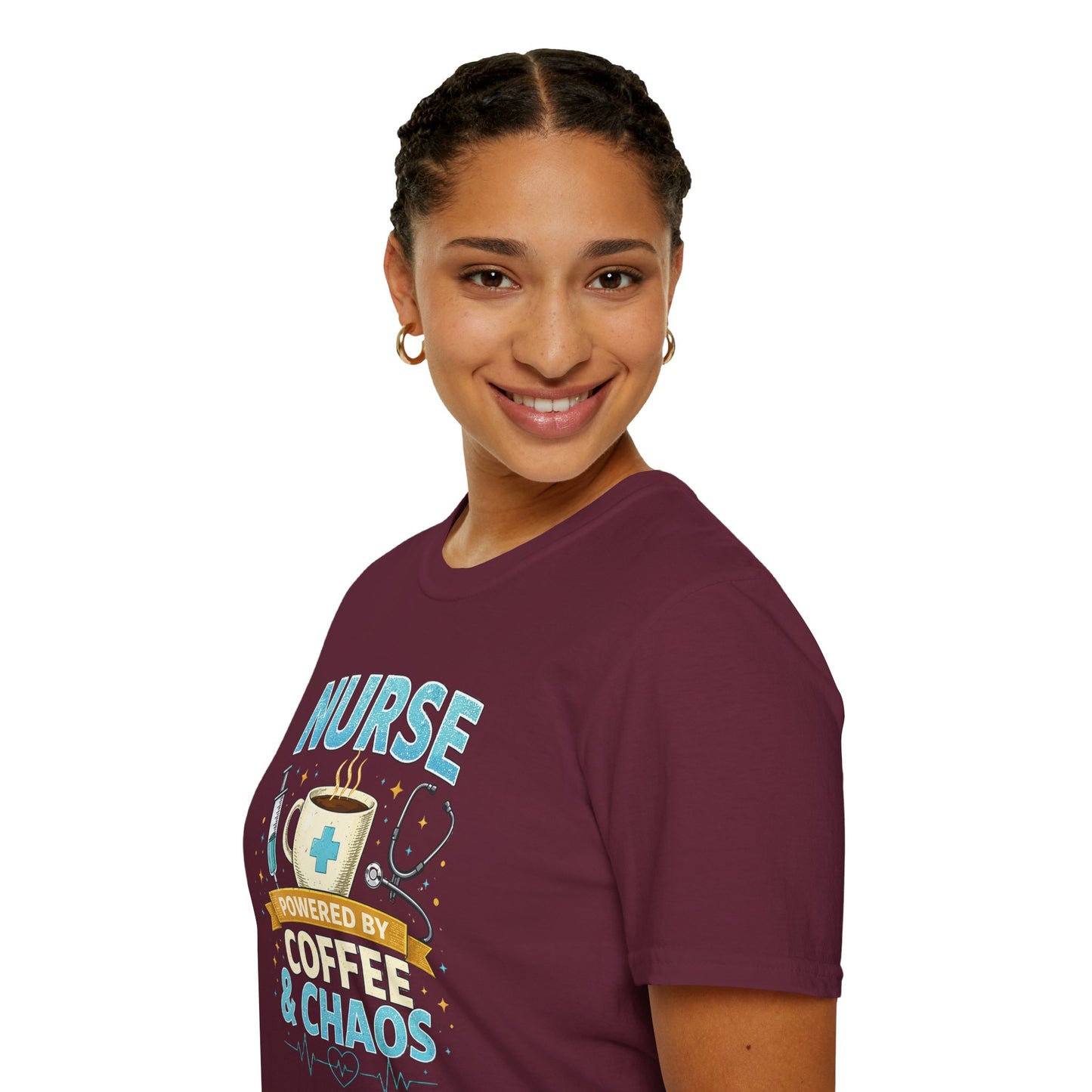 Nurse Powered by Coffee & Chaos Shirt, Funny Nurse Tee, RN CNA Gift, Nurse Life Graphic T-Shirt, Medical Worker Gift, Cute Nursing Shirt for Women Men