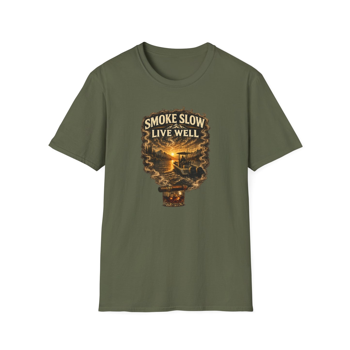 Smoke Slow Live Well Fishing T-Shirt – Cigar, Whiskey & Angler Lifestyle Tee