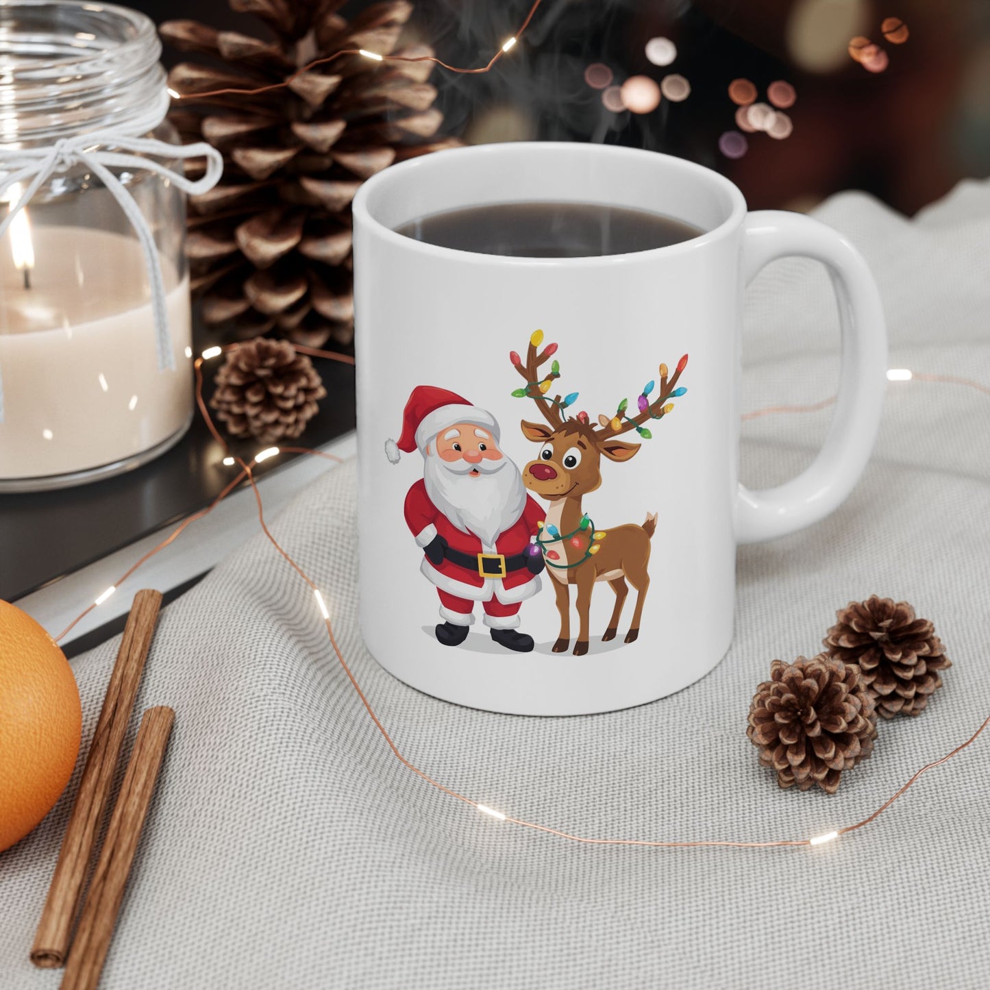 Santa and Rudolph Mug – Cute Holiday Coffee Cup, Festive Santa Ceramic Mug, Christmas Gift Idea (11oz/15oz)