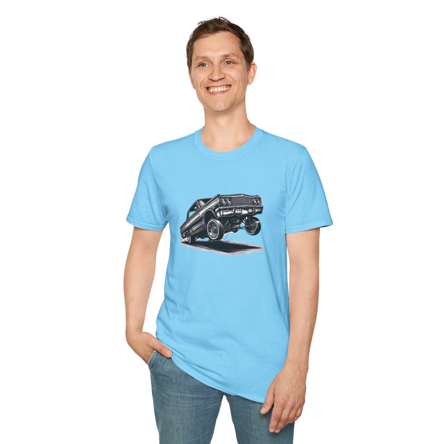 1964 Chevy Impala Hydraulics Lowrider Ink Drawing Graphic T-Shirt - Old School Hip Hop Cholo Art Design - Chicano Car Club Graphic Tee