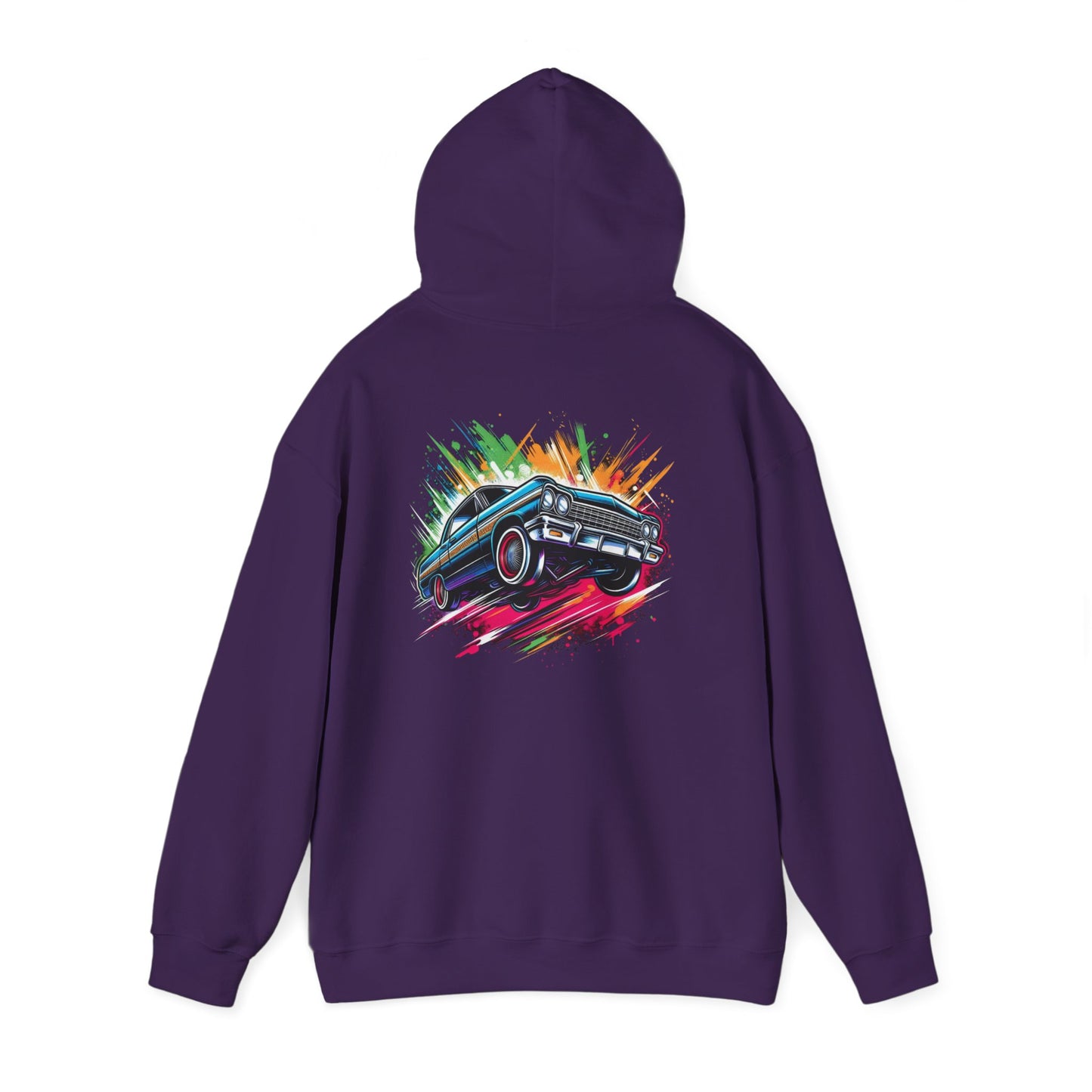 Chevy Impala Hydraulics Lowrider Colorful Drawing Graphic Hoodie - Old School Hip Hop Cholo Art Design - Chicano Car Club Graphic Hoodie
