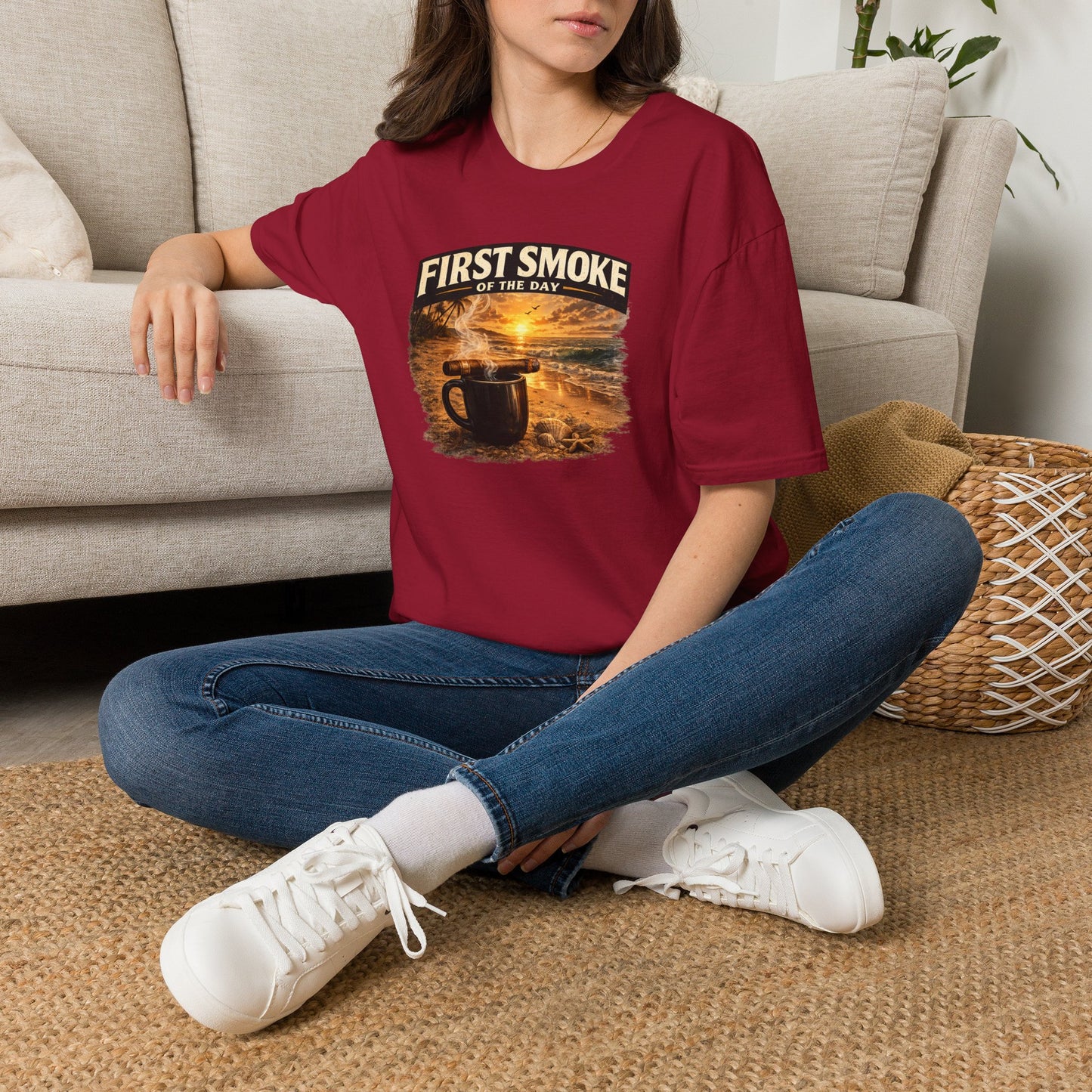 First Smoke of the Day T-Shirt – Cigar & Coffee Beach Sunrise Tee