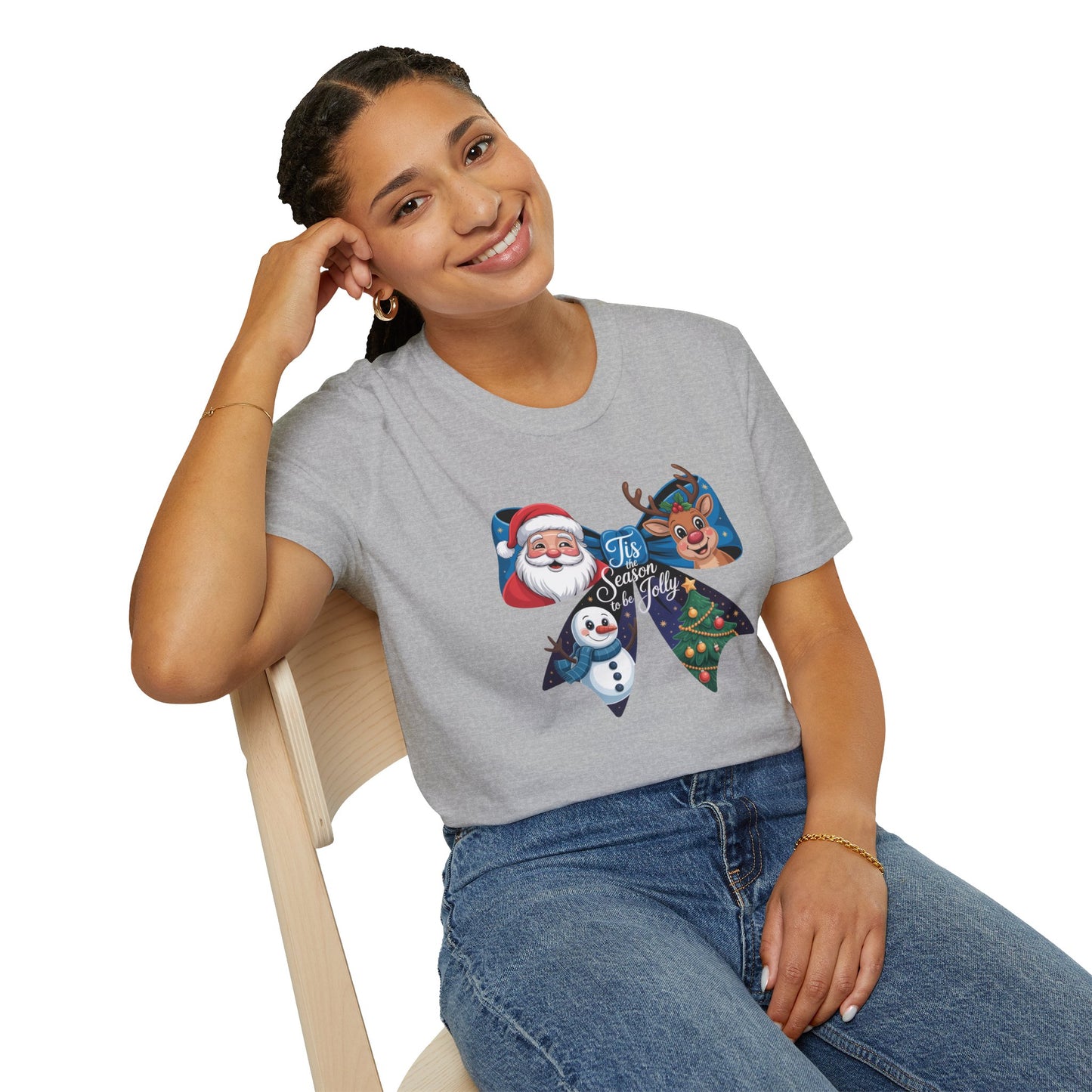 ’Tis the Season to Be Jolly Christmas T-Shirt – Cute Santa Reindeer Snowman & Christmas Tree Bow Holiday Tee