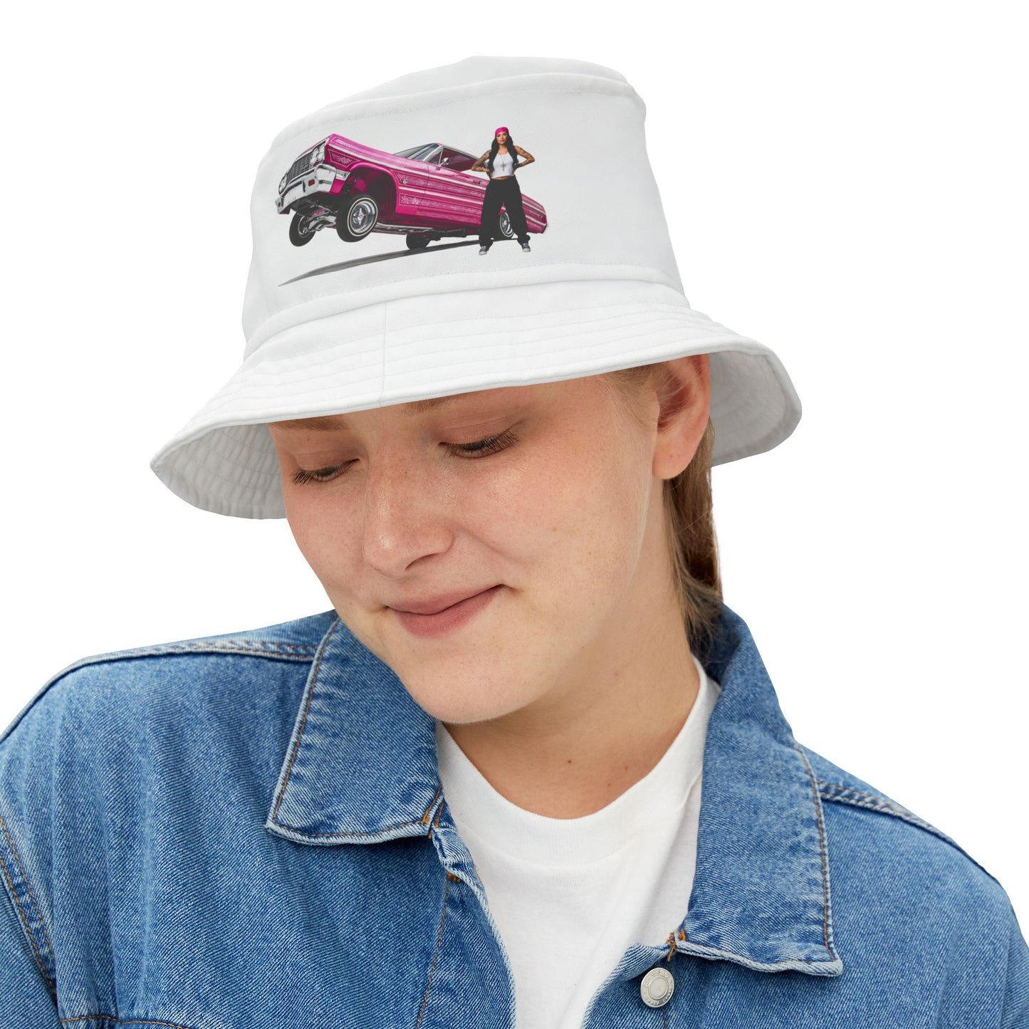 1964 Chevy Impala Hydraulics Lowrider Graphic Bucket Hat - Old School Hip Hop Cholo Art Hat Design - Chicano Car Club Graphic Hat